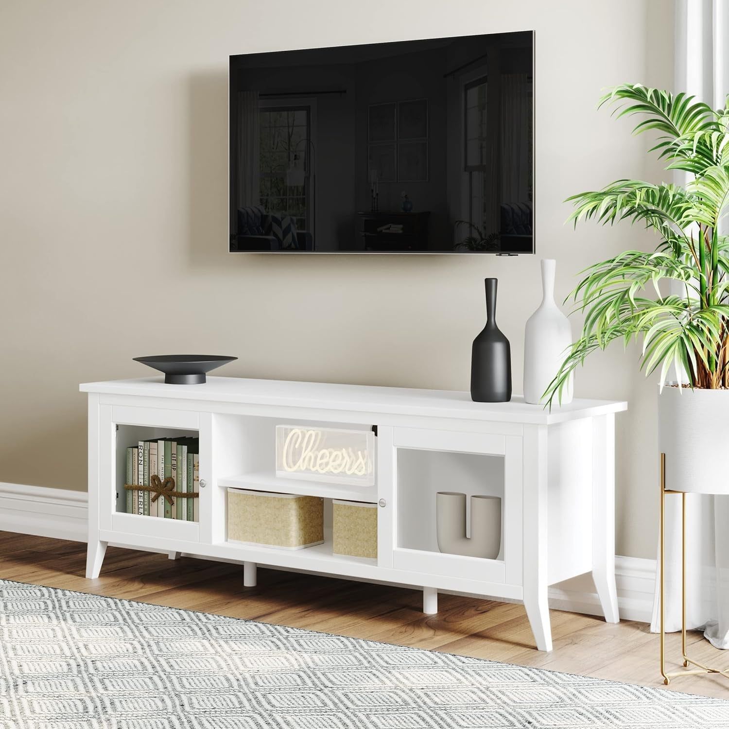 TV Stand - 55-Inch Storage Cabinet with 2 Cubbies and 2 Shelves - Entertainment Center for Living Room, Bedroom, or Entryway (White)