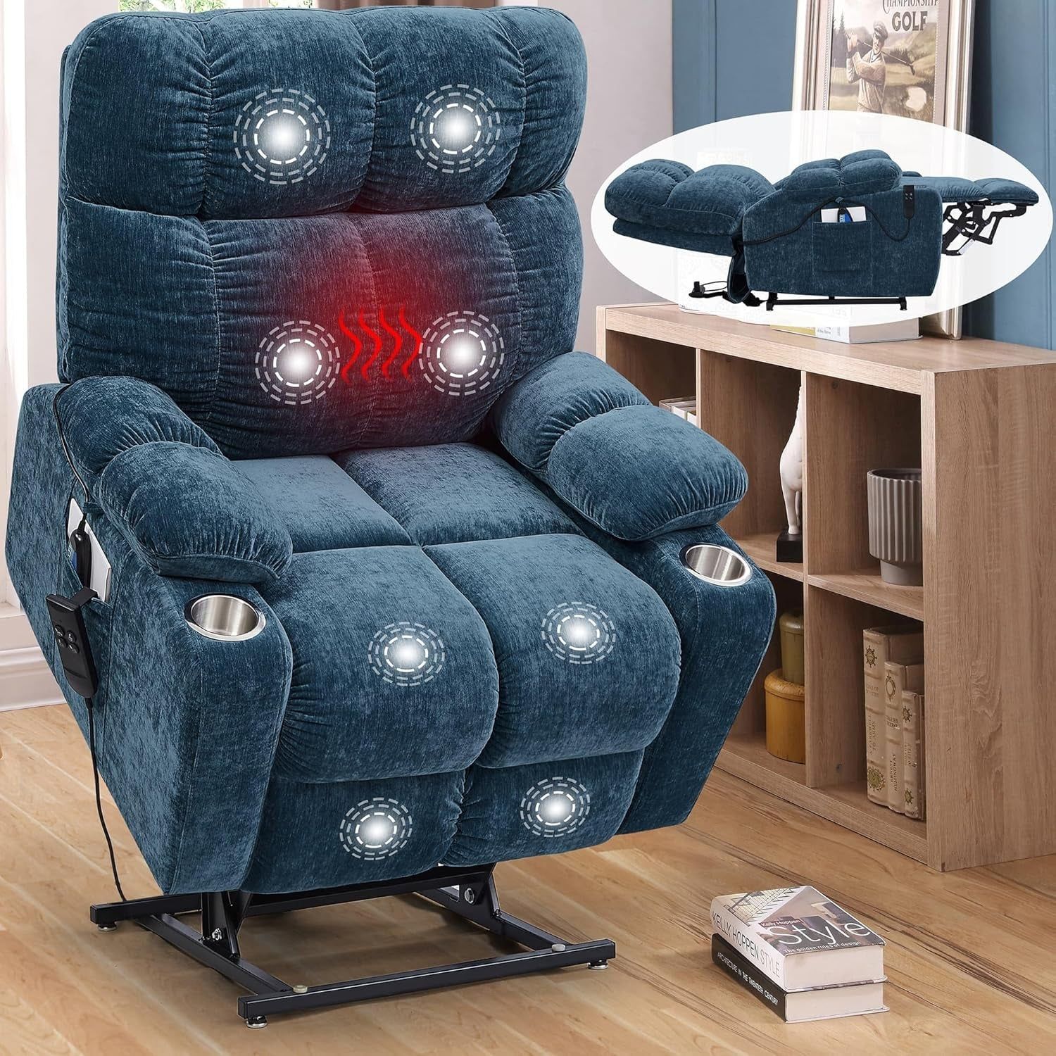 Lay Flat Sleeping Lift Recliner Chair with Heat Vabriation Massage for Elderly,Infinite Position Soft Fabric Power Electric Recliner Sofa Chair with Dual OKIN Motor for Living Room Blue Fabric