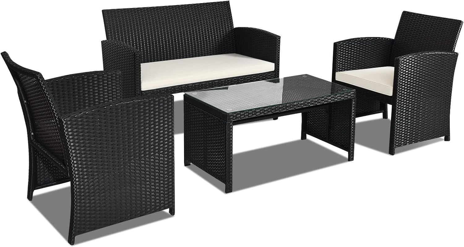 4-Piece Rattan Patio Furniture Set, Outdoor Wicker Conversation Sofa with Weather Resistant Cushions and Tempered Glass Tabletop for Lawn Backyard Pool Garden (White(Black Wicker))