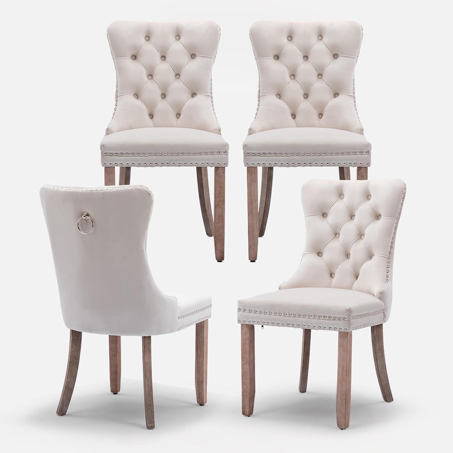 Velvet Upholstered Dining Chairs Set of 4, Modern Style Kitchen Side Chairs with Nailhead Trim and Wood Legs,Metal Pulling Ring for Dining Room Living Room(Beige,Set of 4)