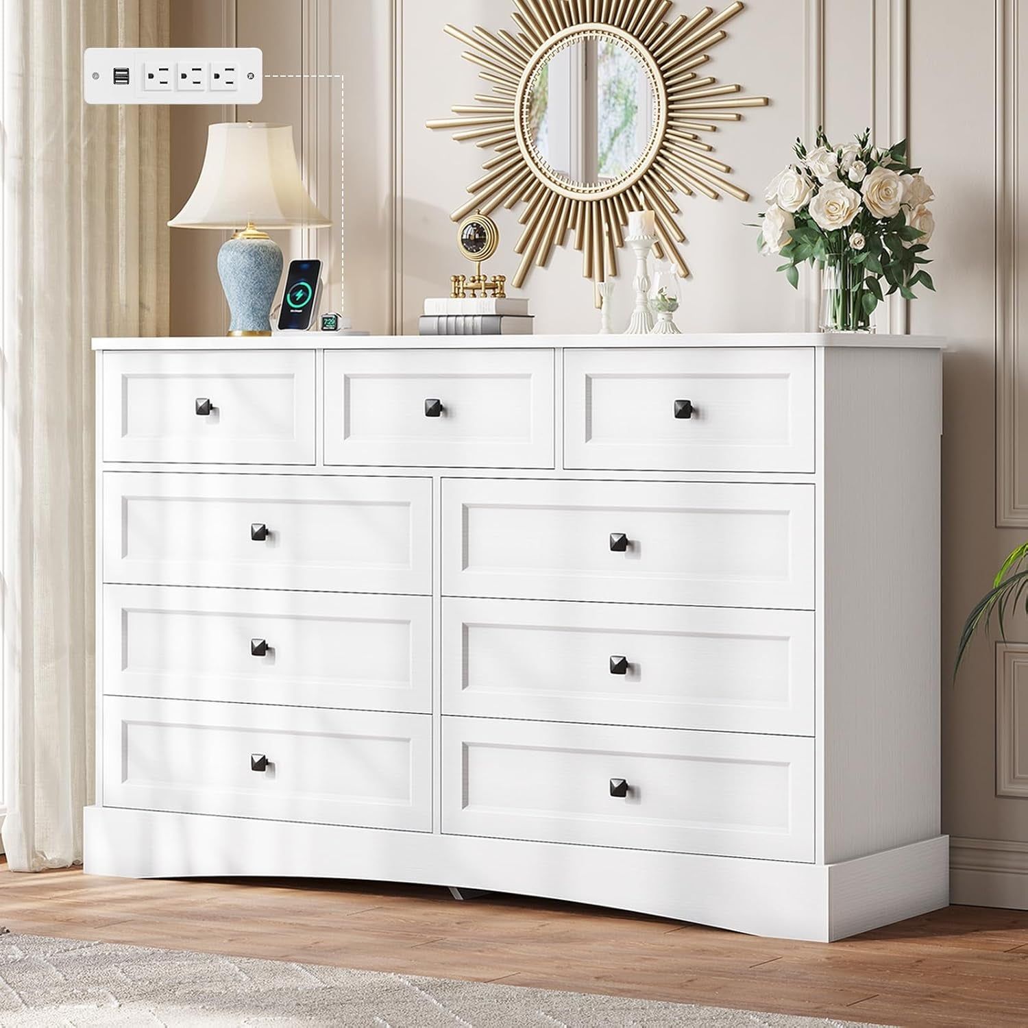 White Dresser for Bedroom with 9 Drawers, 51.2&quot; Large Drawer Dresser with Charging Station, Wide Farmhouse Dresser Chest of Drawers, Wooden Storage Tower Organizer, Dresser for Bedroom Closet