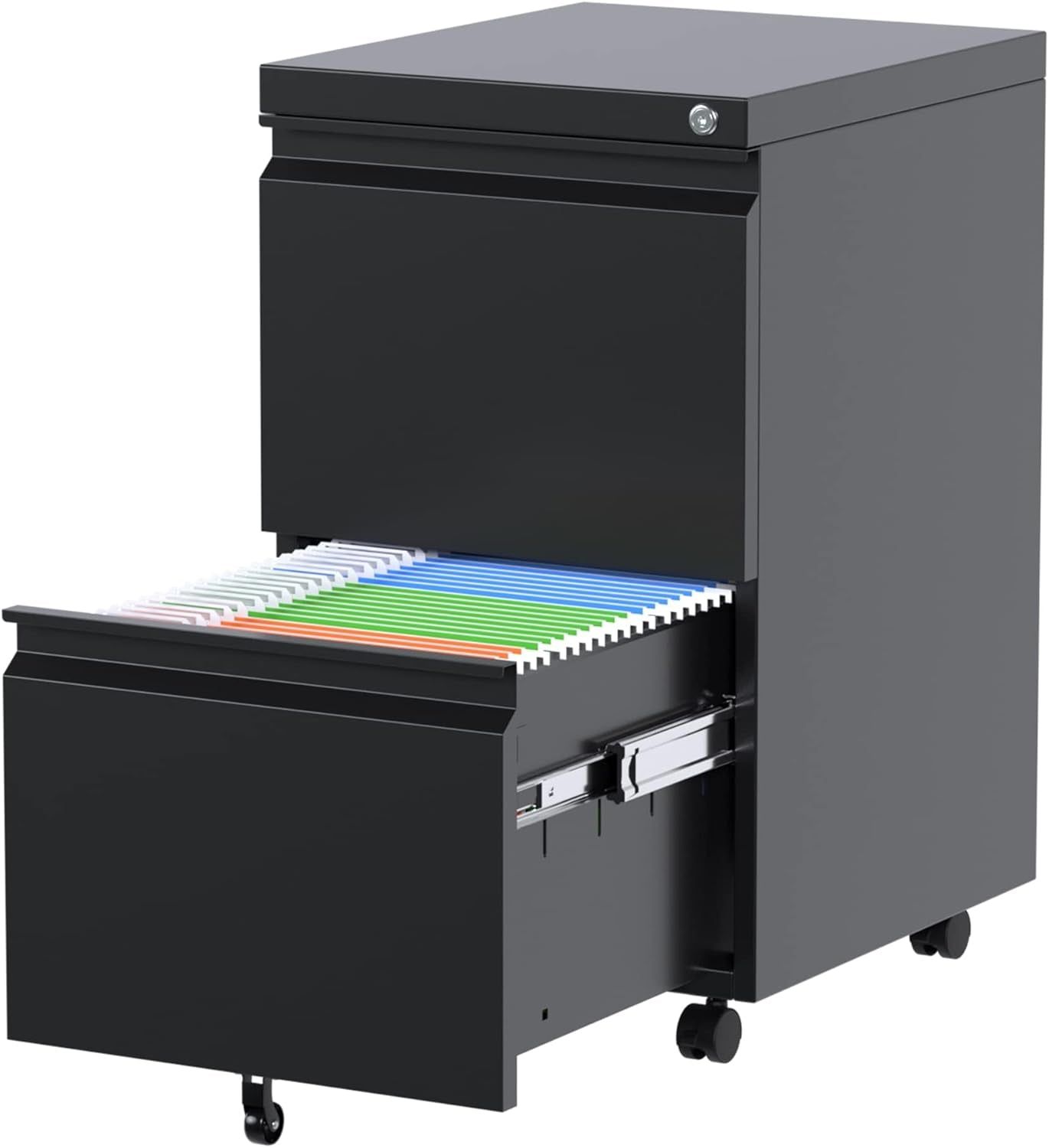 2 Drawer File Cabinet with Lock,Metal Filing Cabinet with Wheels for Home Office &amp; Business Enterprise, Legal/Letter Size, Fully Assembled except Wheels, Black