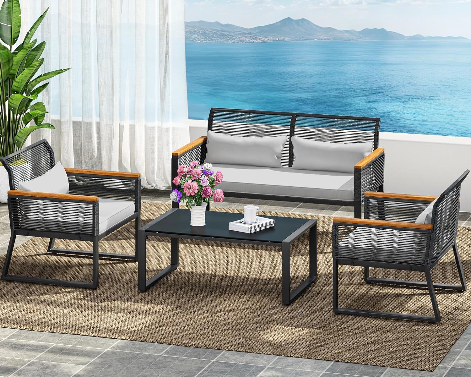 4-Piece Outdoor Wicker Patio Conversation Furniture Set, All-Weather Wicker Bistro Rattan Loveseat Set with Wooden Armrests, Metal Side Table and Cushions for Backyard, Balcony, Deck, Black