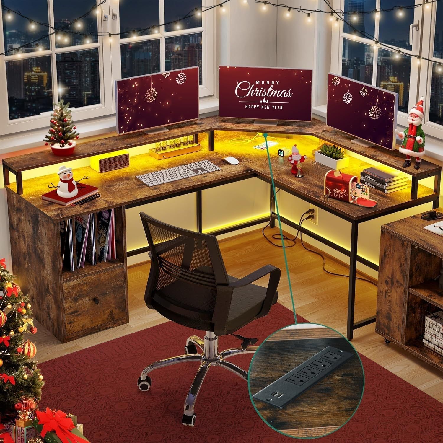 L Shaped Desk with Power Outlets &amp; LED Lights, 67&quot; Computer Desk with File Drawer, Corner Desk Home Office Desk with Monitor Stand &amp; 3 Cubbies Storage Shelves, Rustic Brown