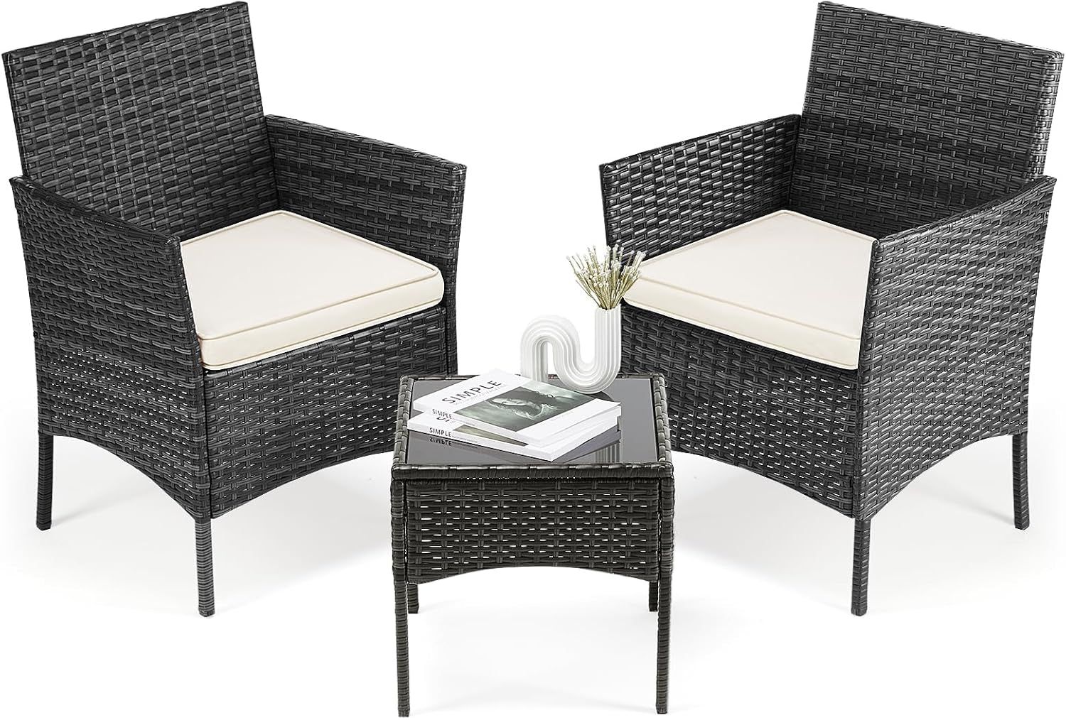 Sweetcripy Patio Furniture Set 3 Pieces, Outdoor Furniture with Soft Cushion and Glass Table, All Weather Manual Weaving Wicker Rattan Patio Chairs for Garden, Terrace, Porch(Black and Beige)