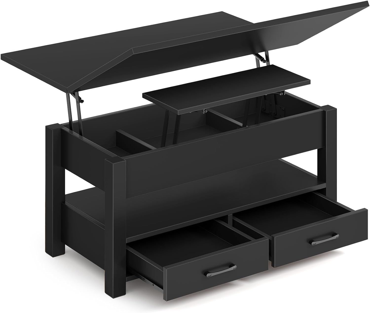 Coffee Table Lift Top, Multi-Function Convertible Coffee Table with Drawers and Hidden Compartment, Coffee Table Converts to Dining Table for Living Room, Home Office,Black