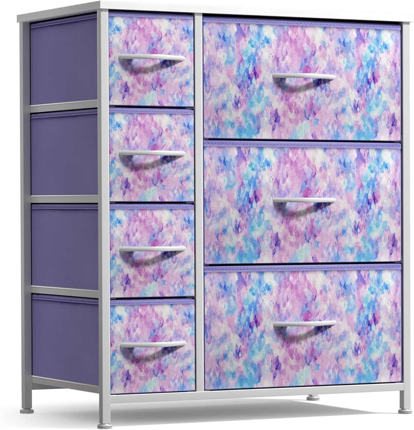 Kids Dresser with 7 Drawers - Storage Chest Organizer Unit with Steel Frame, Wood Top &amp; Handles, Tie-Dye Fabric Bins for Clothes - Wide Furniture for Bedroom Hallway Kids Room Nursery &amp; Closet