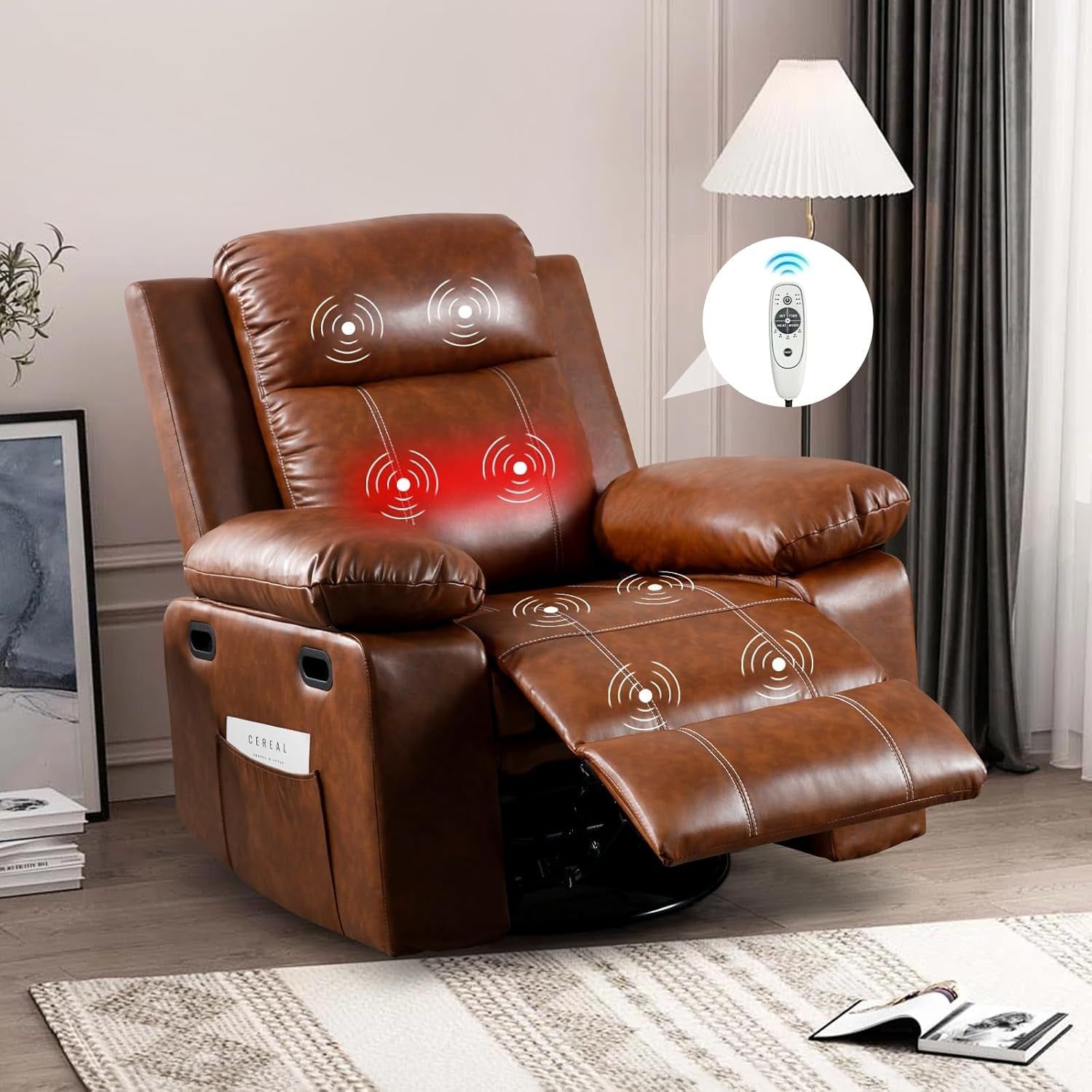 Recliner Chair with Massage and Heat, Modern Swivel Reclining Chair with Remote Control and Side Pocket, Adjustable Glider Rocker Recliner Chair for Living Room, Bedroom, Lounge, Brown