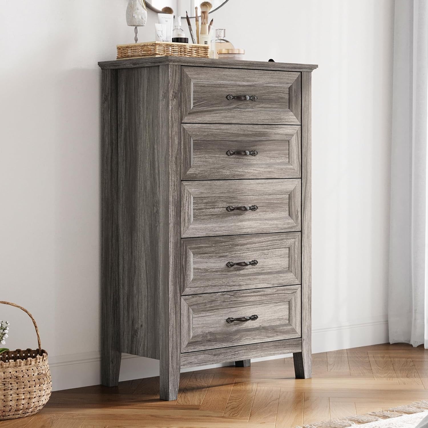 Farmhouse 5-Drawer Dresser - Grey Chest of Drawers for Bedroom and Living Room Organization, Wood Dresser with Ample Storage Space and Rustic Charm