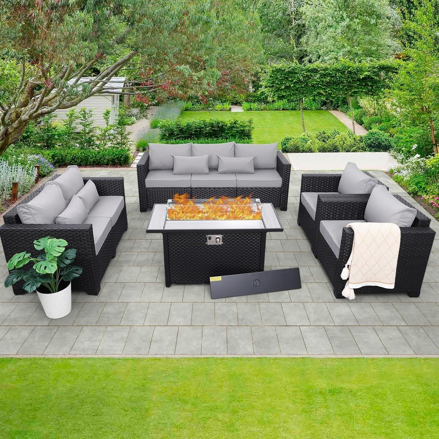 5 Pcs Outdoor Furniture Sets Patio Furniture Set with 45&quot; Fire Pit Patio Couch Outdoor Chairs 60000 BTU Steel Propane Fire Pit Table No-Slip Cushions and Waterproof Covers, Light Grey