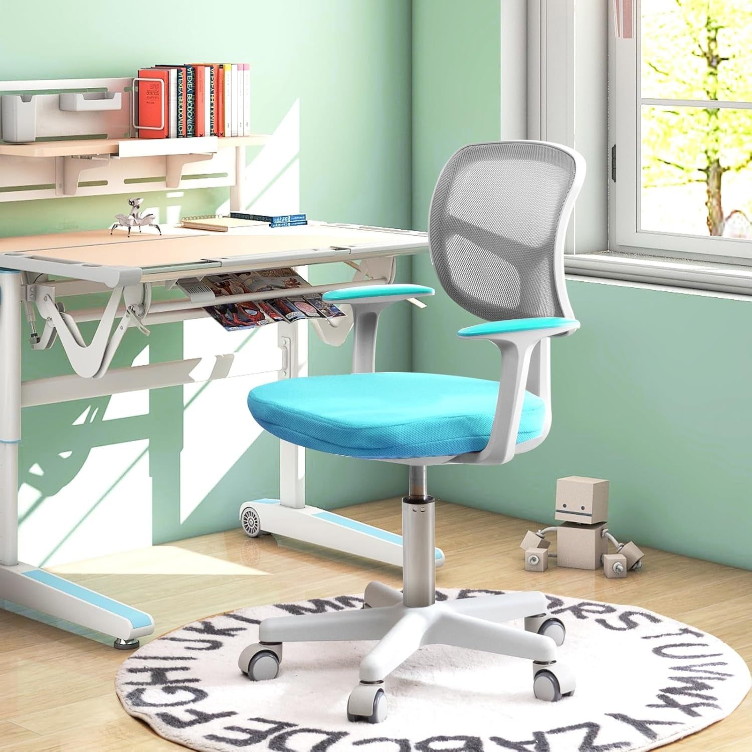 Kids Desk Chair, Ergonomic Kids Swivel Study Chair with Lumbar Support, Breathable Mesh &amp; Universal Wheels, Height Adjustable Kids Computer Chair for Boys &amp; Girls (Cyan)