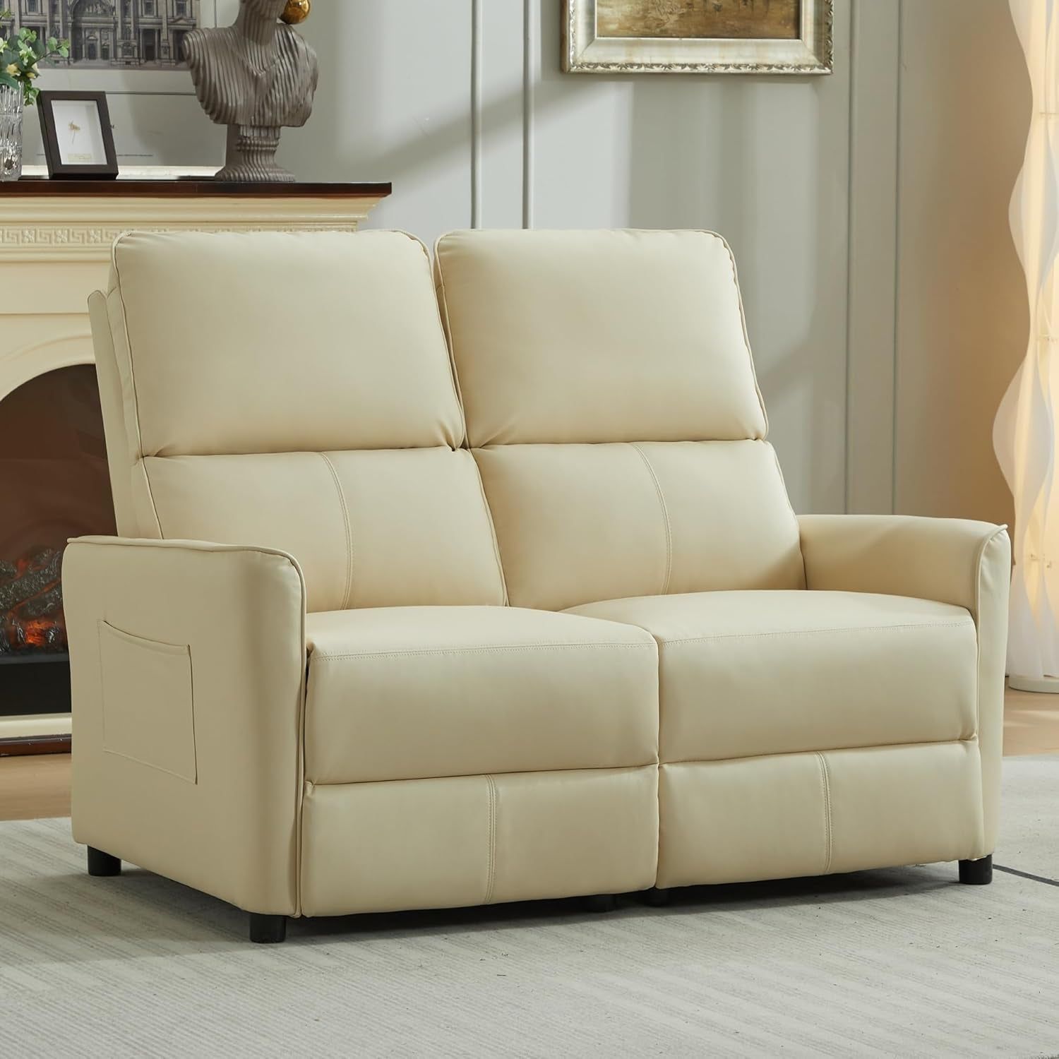 RV Loveseat Recliner Sofa, Leather Double Wall Hugger Reclining Sofa, Home Movie Theater Seating Chair with Cup Holder, 2 Person Push Back Recliner for Living Room, Beige