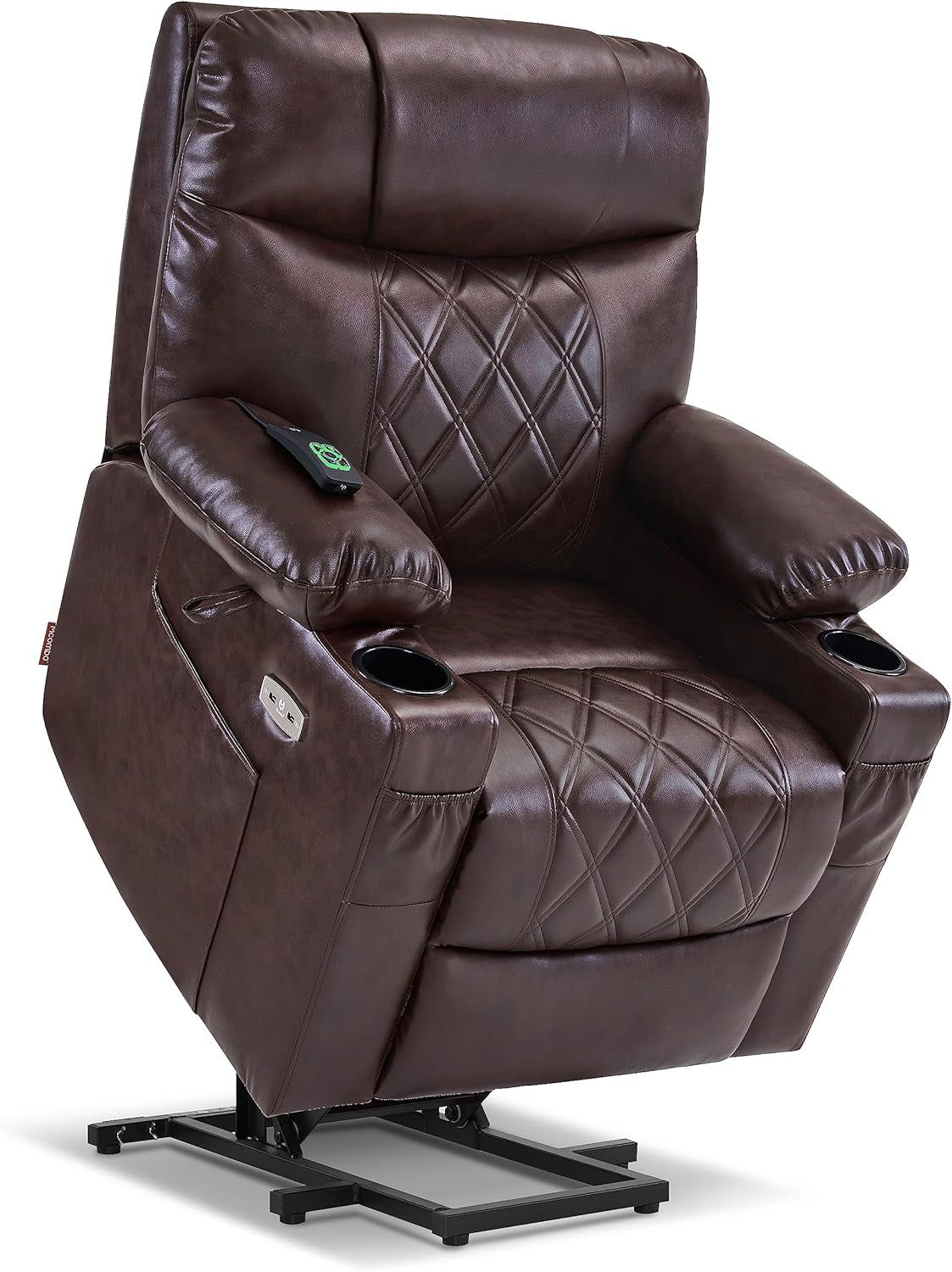 Small Size Power Lift Recliner Chair Sofa with Massage and Dual Heating, Adjustable Headrest for Elderly People Petite, USB Ports, Faux Leather 7111 (Dark Brown)