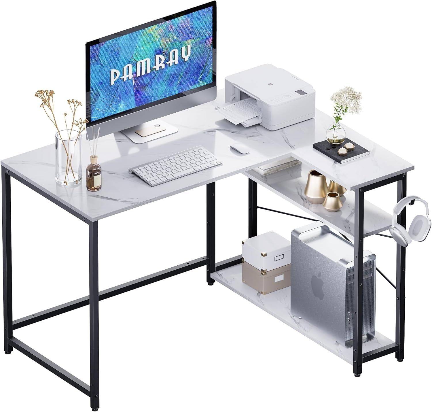 43 Inch L Shaped Computer Desk with Reversible Side Storage Shelves, Small Corner Desk for Small Space Home Office,Writing Study Table PC Desk for Bedroom,White Marble