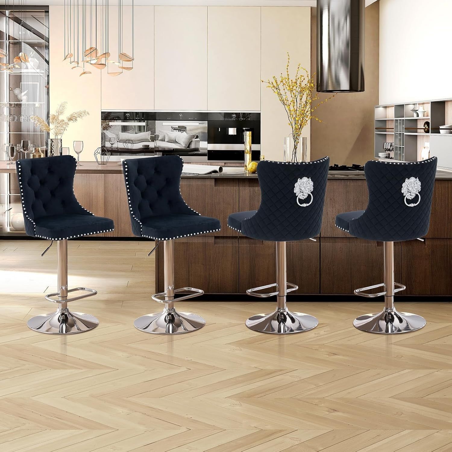 Velvet Adjustable Swivel Bar Stools Set of 4, High Tufted Back Modern Counter Height Stools-Chrome Base Footrest/Lion Pull Ring/Rivet Trim/Diamond Pattern Kitchen Dining Pub Bar Chairs, Black