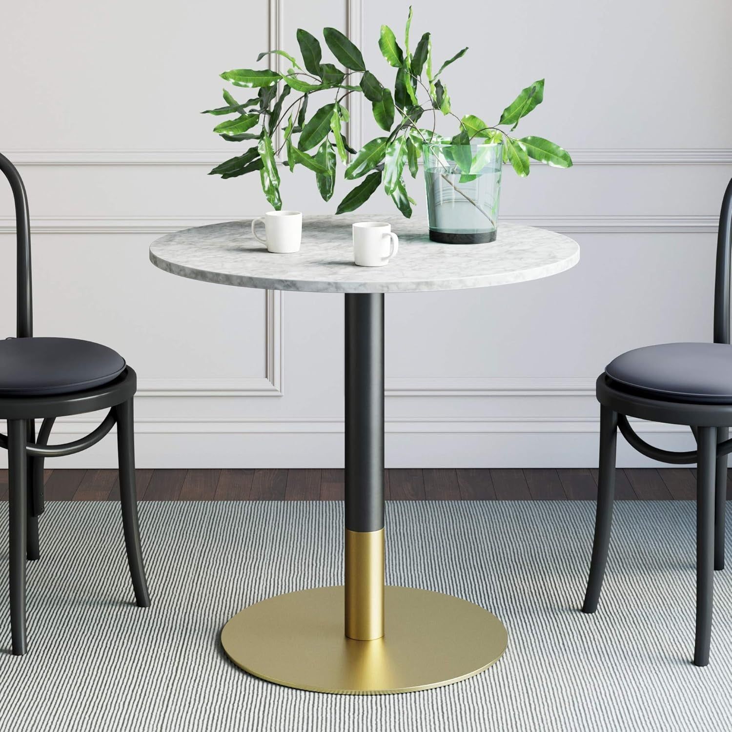 Bistro Lucy Small Mid-Century Modern Kitchen or Dining Table with Faux Carrara Marble Top and Brushed Metal Pedestal Base, Black/Gold 31D X 31.5W X 29H In