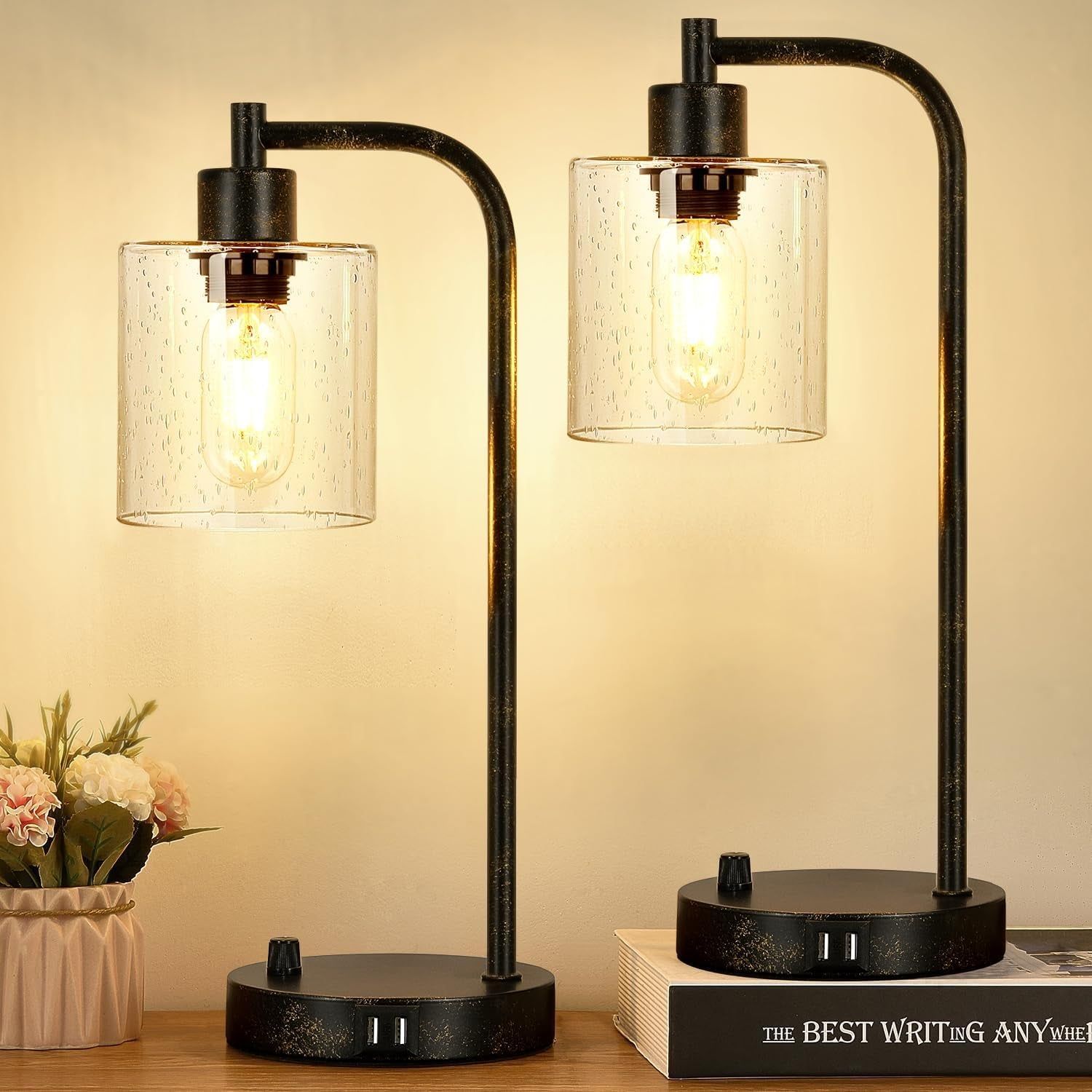 Rustic Dimmable Table Lamps with USB Charging Ports