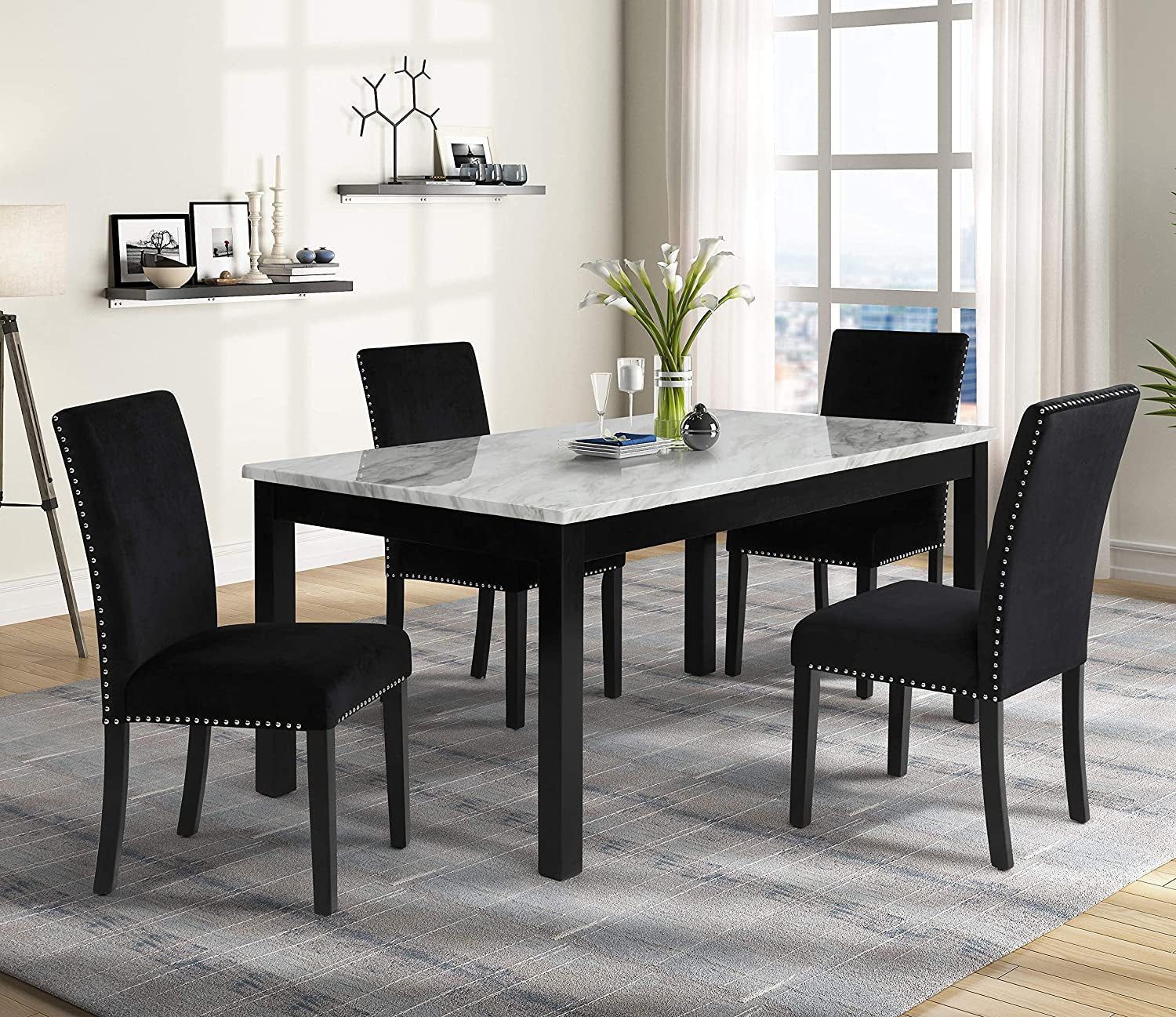 6-Person Dining Table with Faux Marble Top, Black Base