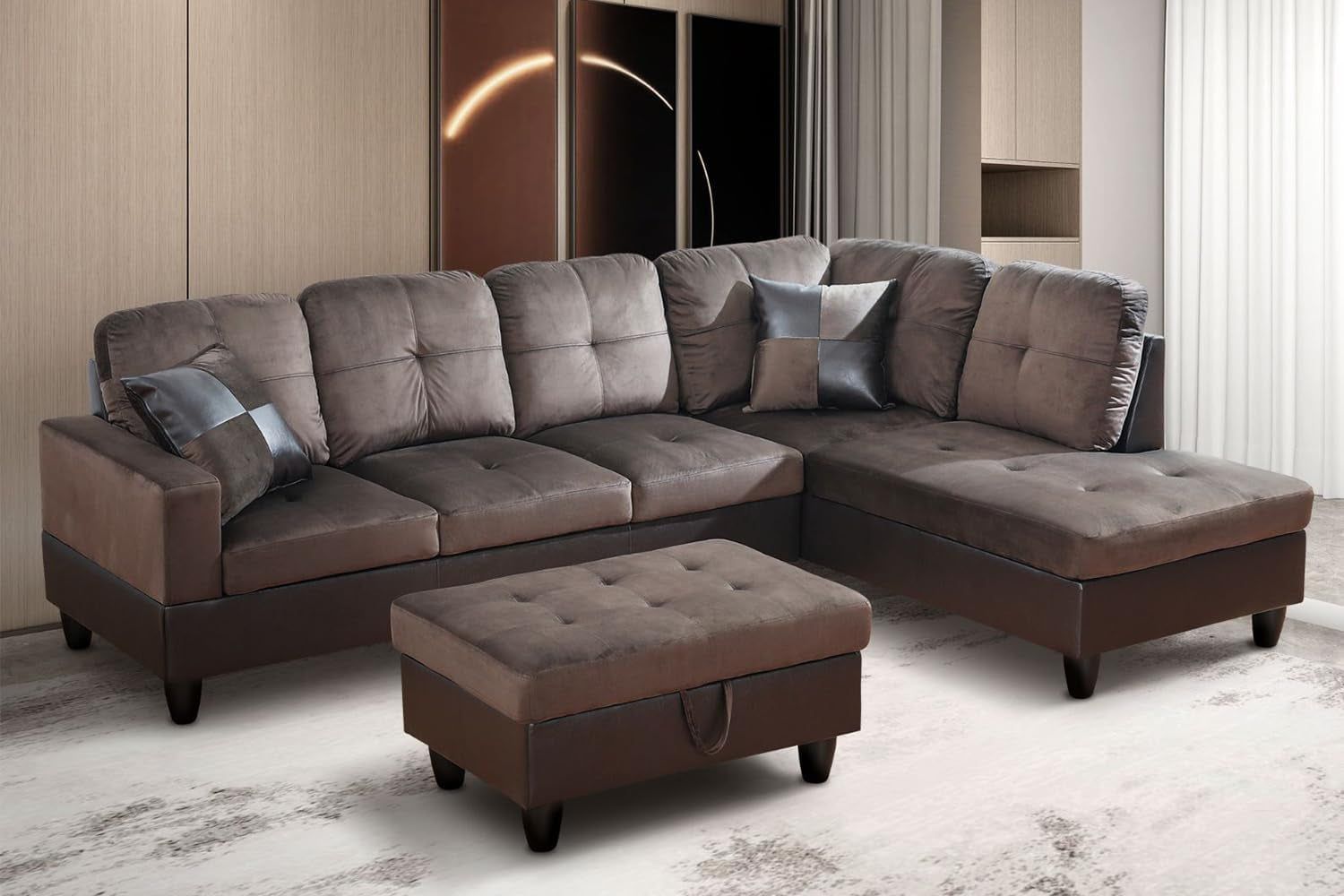 Dark Brown Sectional Couch for Living Room Set, 105 Inch Sectional Sofa L Shaped Couch with Storage Ottoman/Microfiber Fabric/Facing Right Chaise