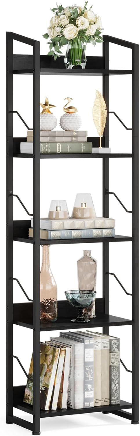 5 Tier Narrow Bookshelf: Tall Bookcase Shelf with Edge Protection, Industrial Modern Bookshelves for Bedroom Living Room Home Office (Black)