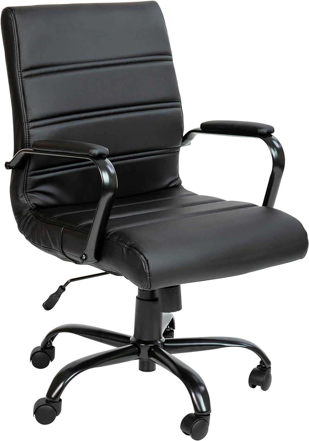 Whitney Mid-Back Swivel Leathersoft Desk Chair with Padded Seat and Armrests, Adjustable Height Padded Office Chair, Black