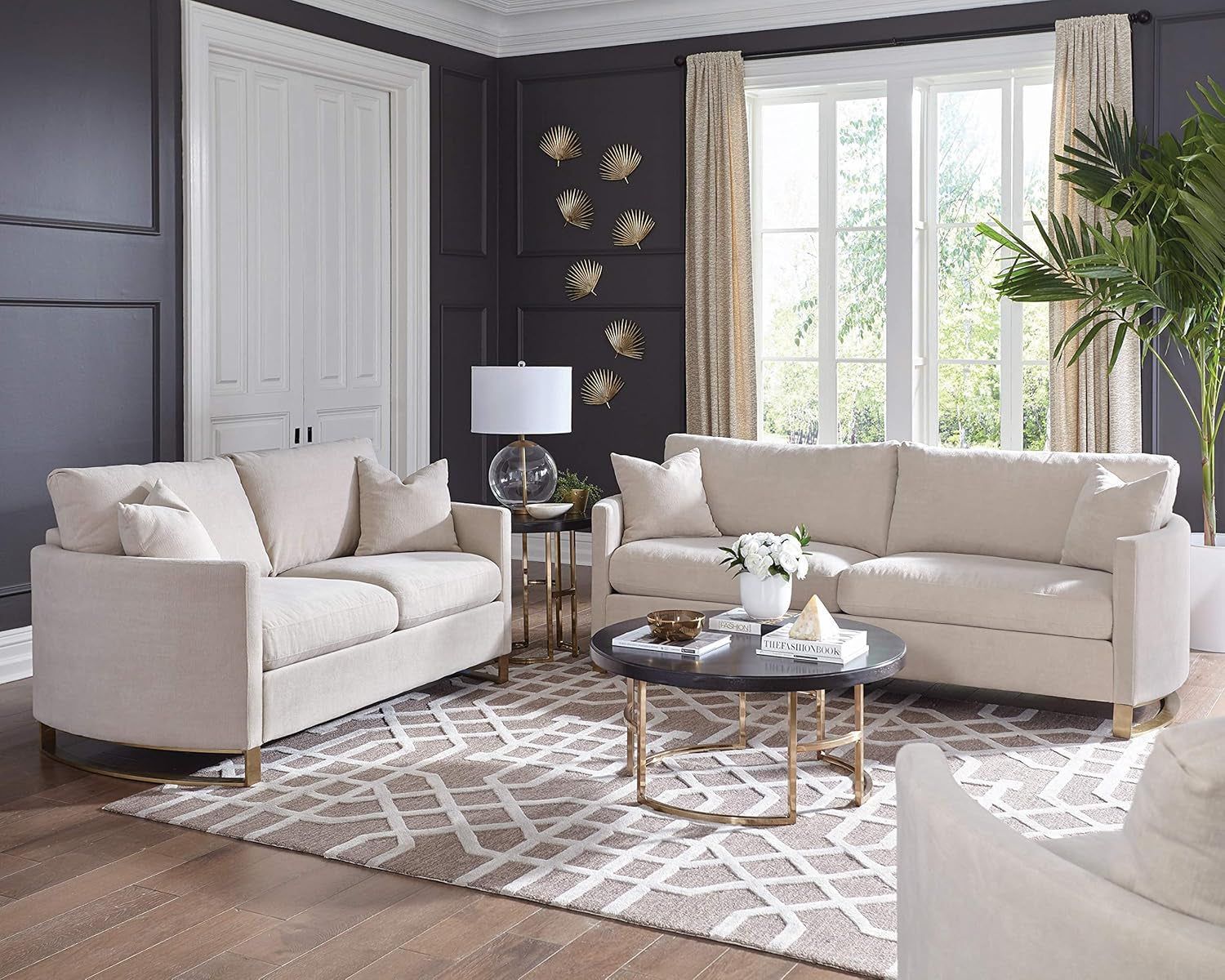 Corliss 3-Piece Arched Arms Living Room Set Beige and Rose Brass