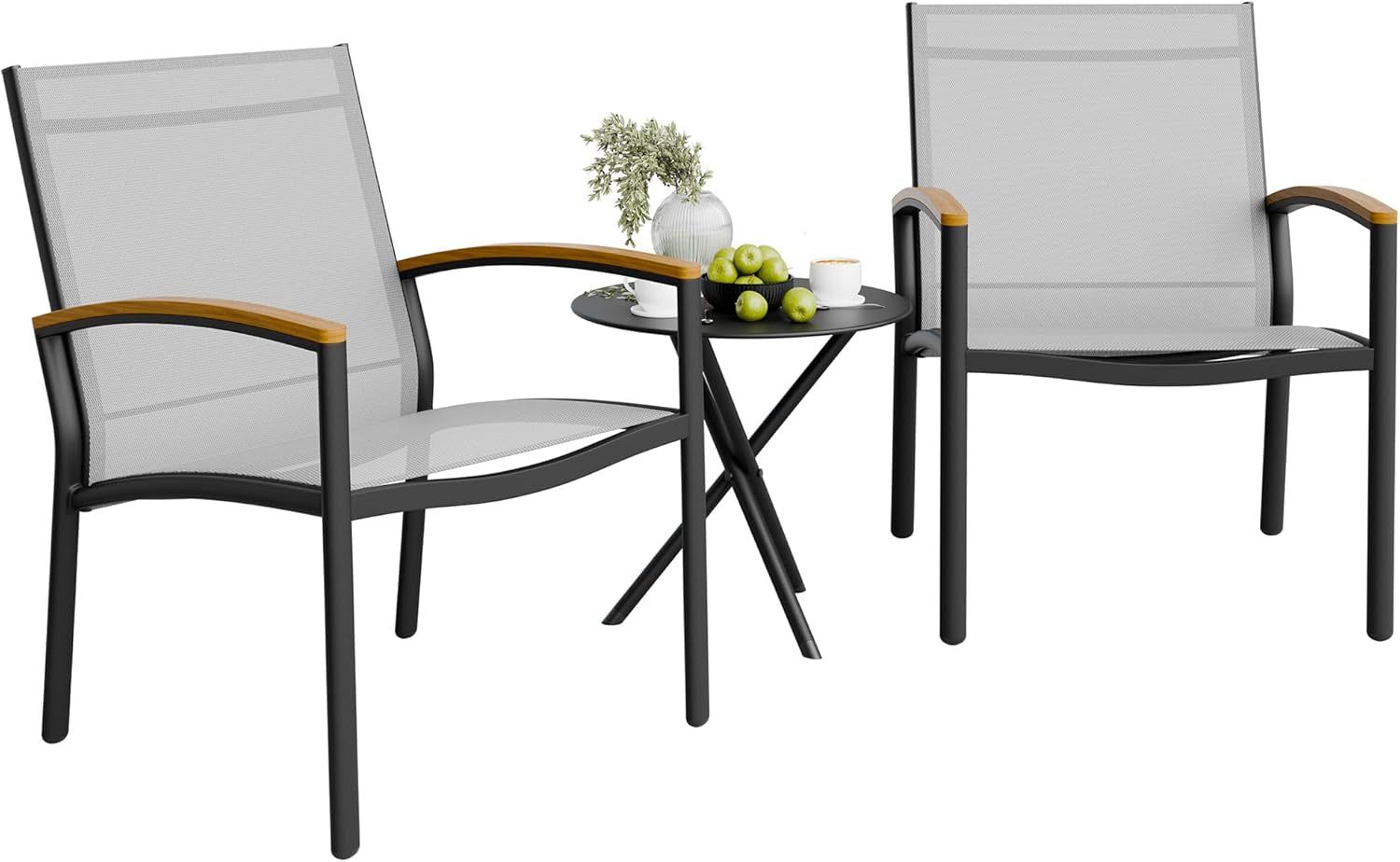 3 Pieces Patio Bistro Sets, Outdoor Textilene Fabric Conversation Bistro Set, Textilene Fabric Front Porch Chairs Small Patio Furniture Set with Table for Lawn,Garden,Balcony (Grey)