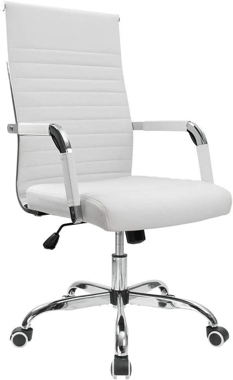 Ribbed Office Desk Chair Mid-Back PU Leather Executive Conference Task Chair Adjustable Swivel Chair with Arms (White)