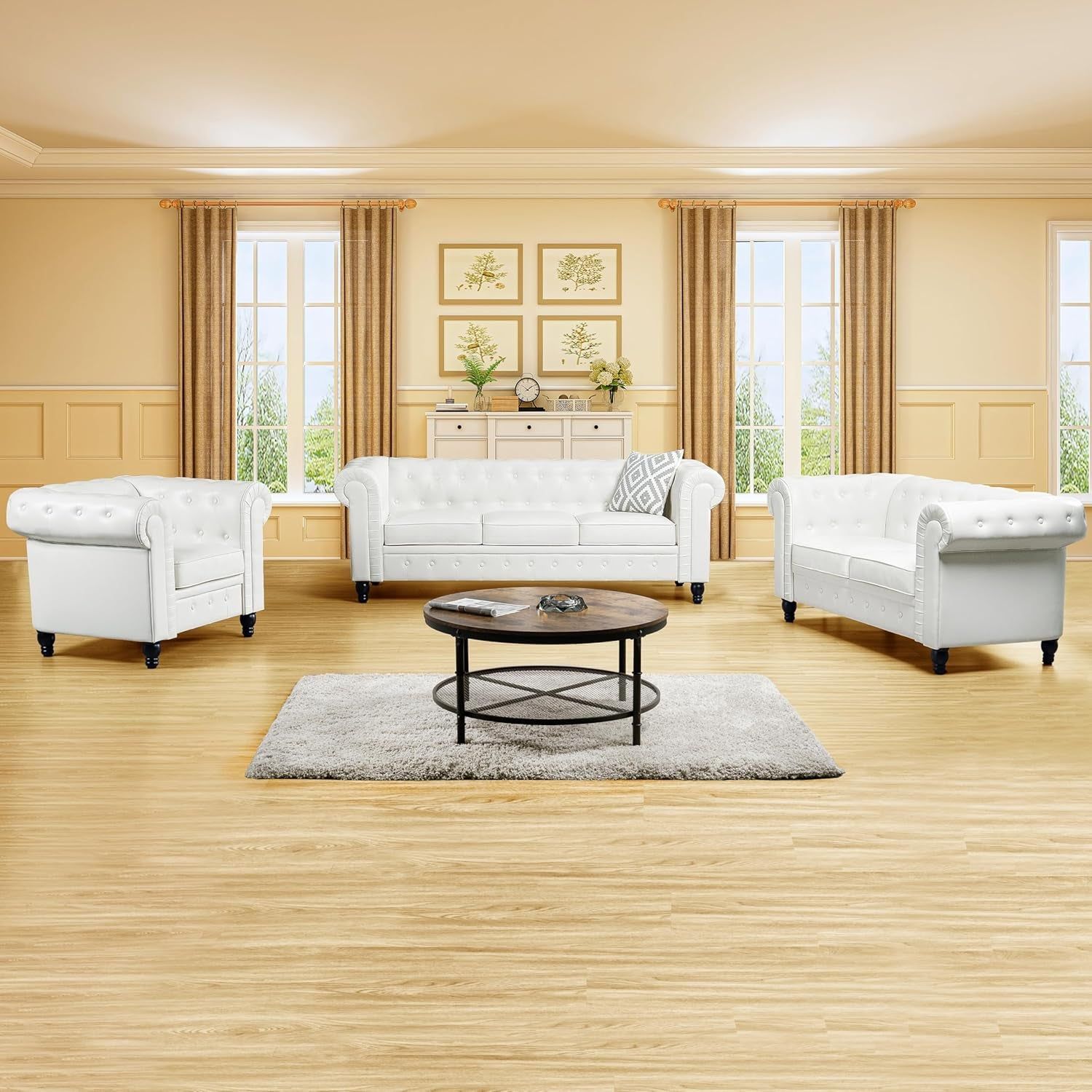 Emery Chesterfield 3-Piece Set - Loveseat, Sofa, and Accent Chair with Tufted Design, Rolled Arms, Perfect for Living Rooms, Bedrooms, and Small Spaces, Easy Tool-Free Assembly, off White