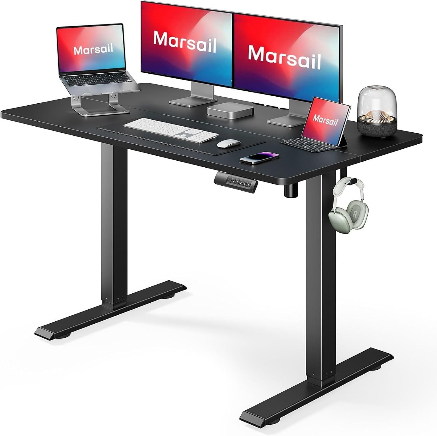 Electric Standing Desk Adjustable Height, 48 X 24 Inch Sit Stand up Desk for Home Office Furniture Computer Desk with 3 Memory Presets, Headphone Hook, Black