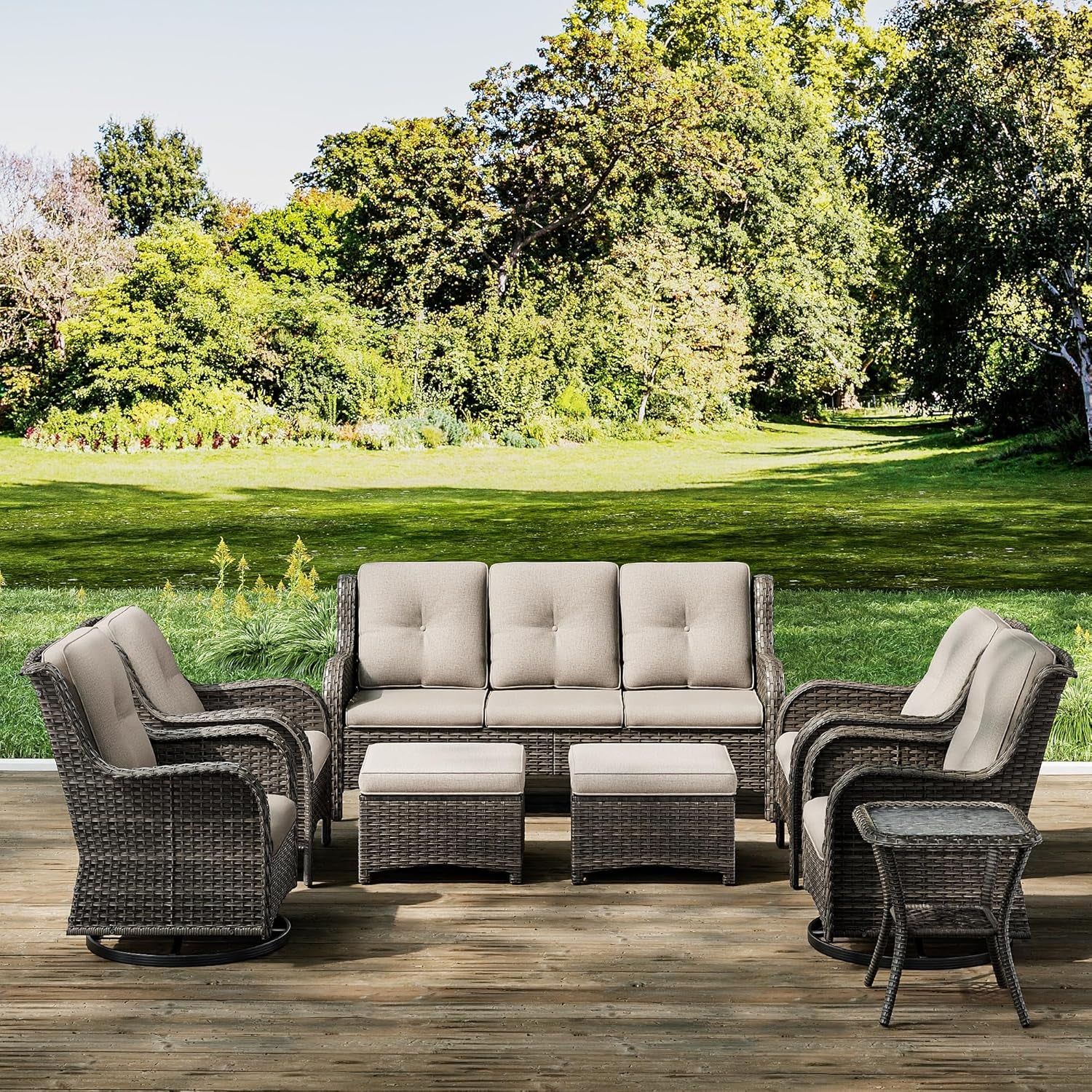 Wicker Patio Furniture Sets 8 Piece Set with 3-Seat Sofa, 2 Swivel Rocking Armchairs, 2 Armchairs, 2 Ottoman and 1 Side Table Wicker Outdoor Furniture Sectional Conversation Set, Beige