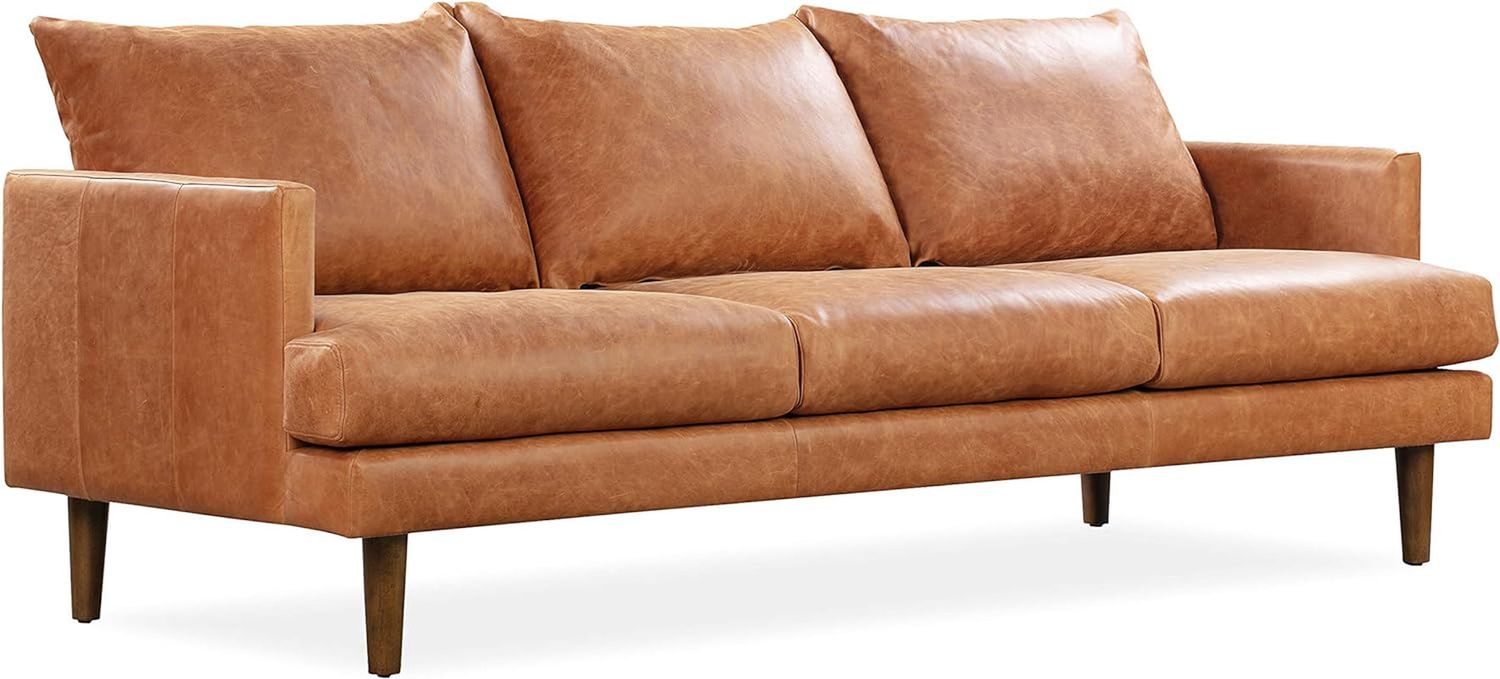 Girona Leather Couch – 88-Inch Leather Sofa with Tufted Back - Full Grain Leather Couch with Feather-Down Topper on Seating Surfaces – Pure-Aniline Italian Leather – Cognac Tan