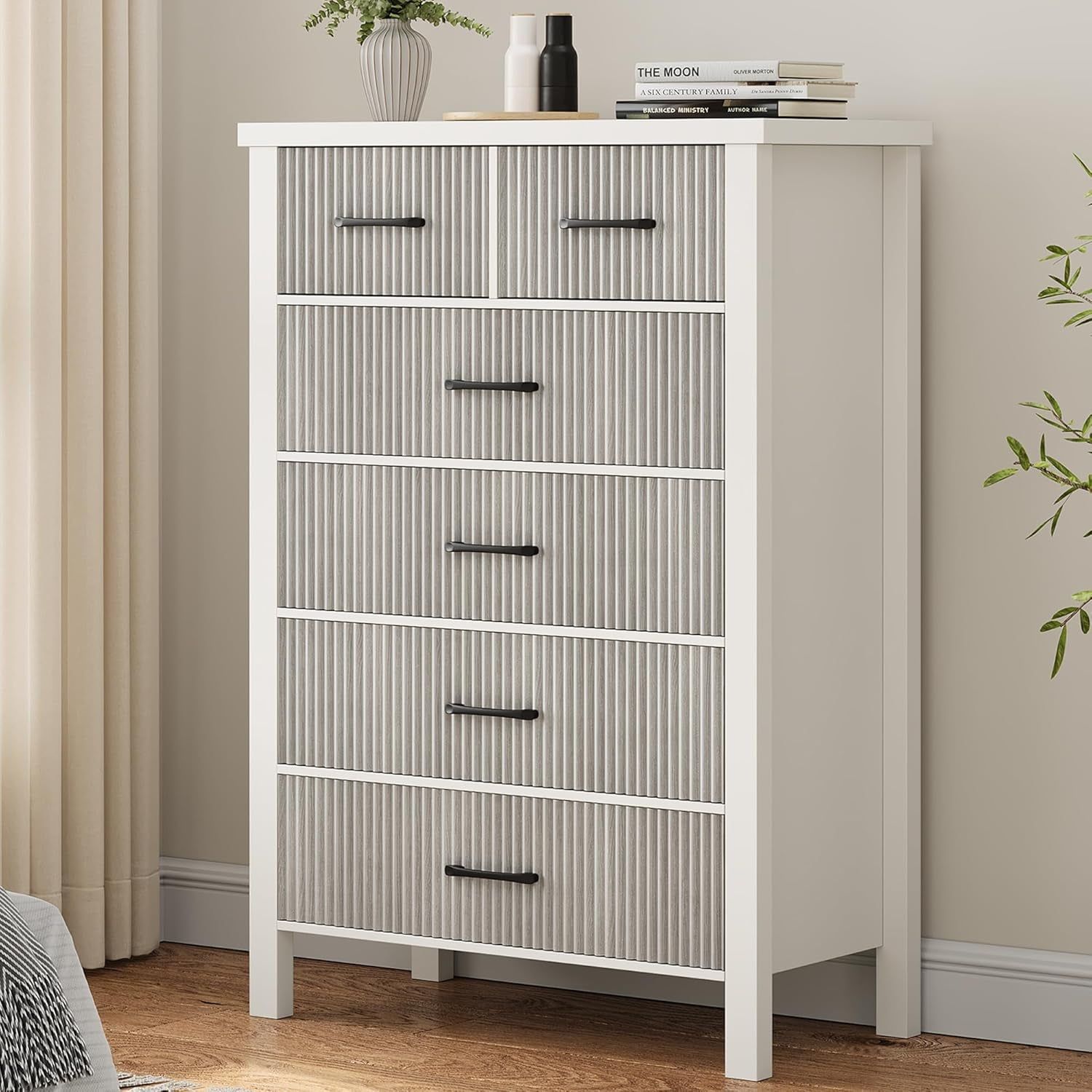 White Dresser 6 Drawer Dresser for Bedroom, Modern Fluted Dresser with Solid Wood Legs, Tall Double Wooden Dresser Large Chest of Drawers for Living Room, Entryway, Hallway (Grey Fluted)