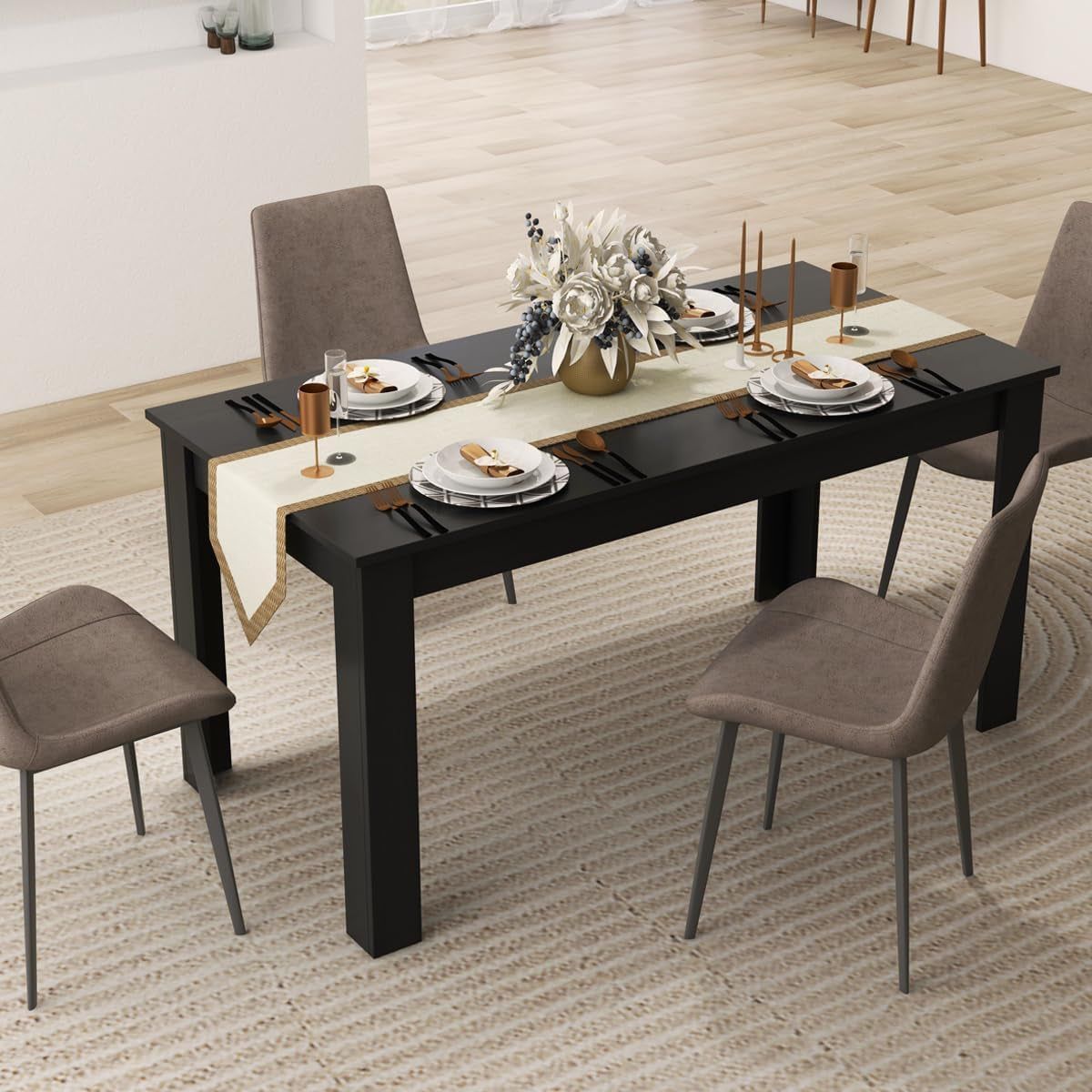 Wood Dining Table for 4-6 People, 63&quot; Wood Rectangle Dinner Table, Modern Kitchen Table with L-Shaped Legs, 330Lbs Weight Capacity, Farmhouse Dinette Table for Dining Room, Living Room, Black