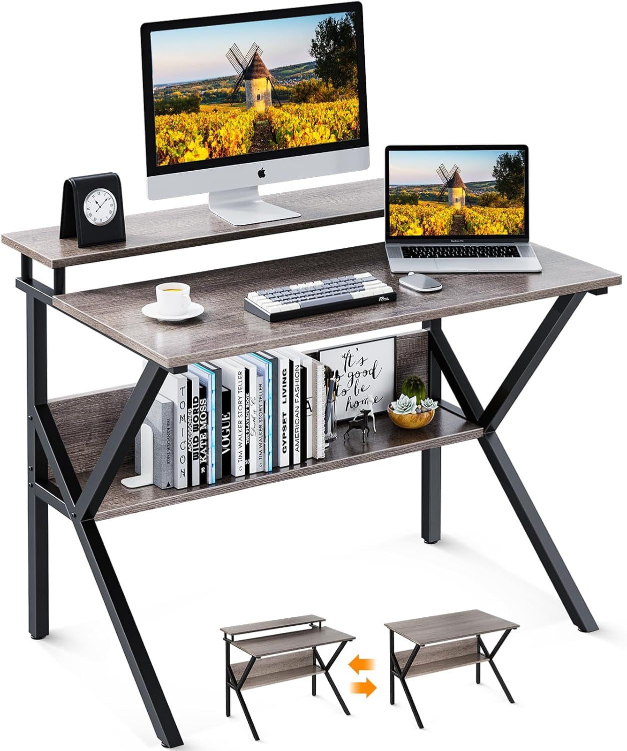 Small Desk, 27.5 Inch Small Computer Desk for Small Spaces, Compact Desk with Storage, Tiny Desk Study Desk with Monitor Stand for Home Office, Grey