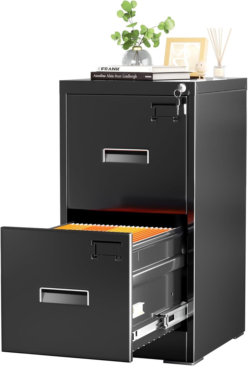 2 Drawers File Cabinet with Lock, 18&quot; D Vertical Filing Cabinet for Home Office, Metal Black File Cabinet for Hanging Letter/F4/A4/Legal Size Folders, Easy Assemble