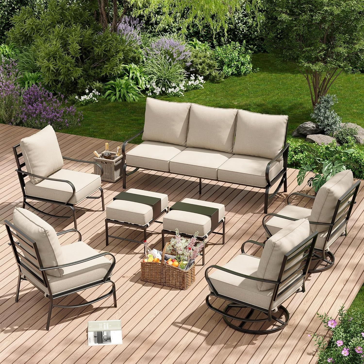 Patio Furniture Set 7 Pcs, Metal Outdoor Furniture Patio Set, 3-Seat Sofa, 2 X Swivel Chairs, 2 X Single Chairs, 2 X Ottomans, 5.75&quot; Extra Thick Cushion Outdoor Patio Furniture Set, Beige