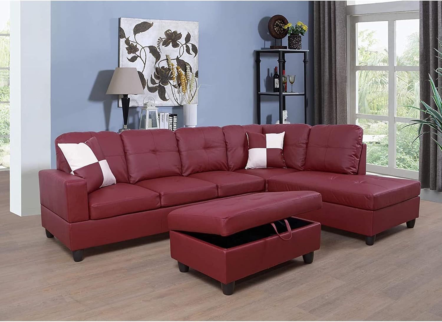 Sectional Sofa Faux Leather Modern L Shaped Couch Set 103.5”Wide Including Chaise and 3 Seating Sofa with Storage Ottoman for Living Room Furniture (Right Hand Facing, B-Red)