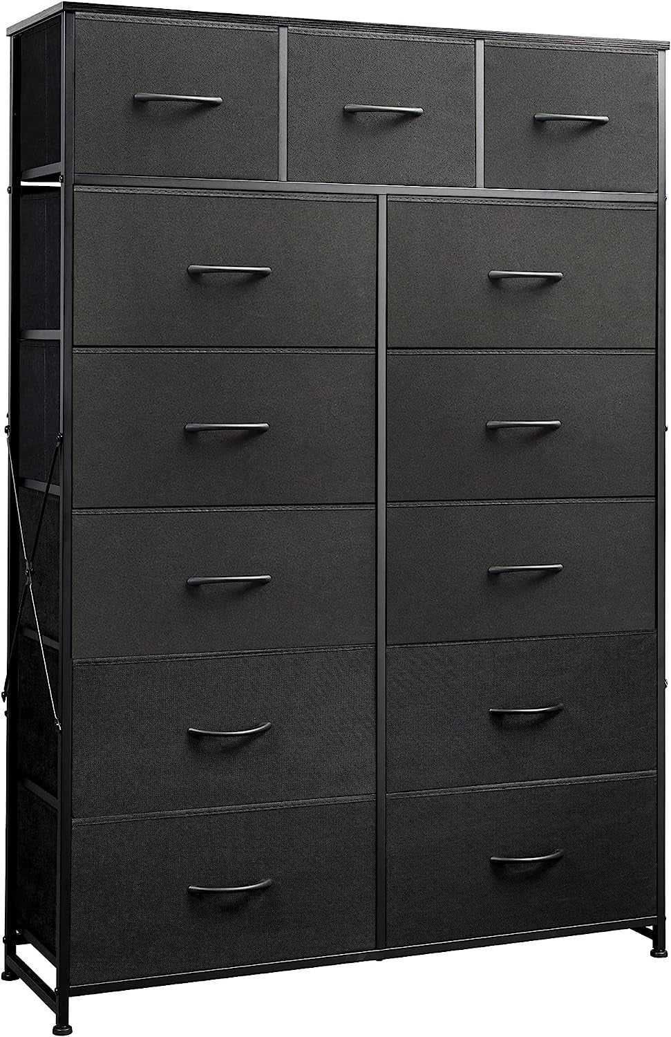 Tall Dresser for Bedroom with 13 Drawers, Storage Dresser Organizer Unit, Fabric Dresser for Bedroom, Closet, Chest of Drawers with Fabric Bins, Steel Frame, Wood Top, Charcoal Black