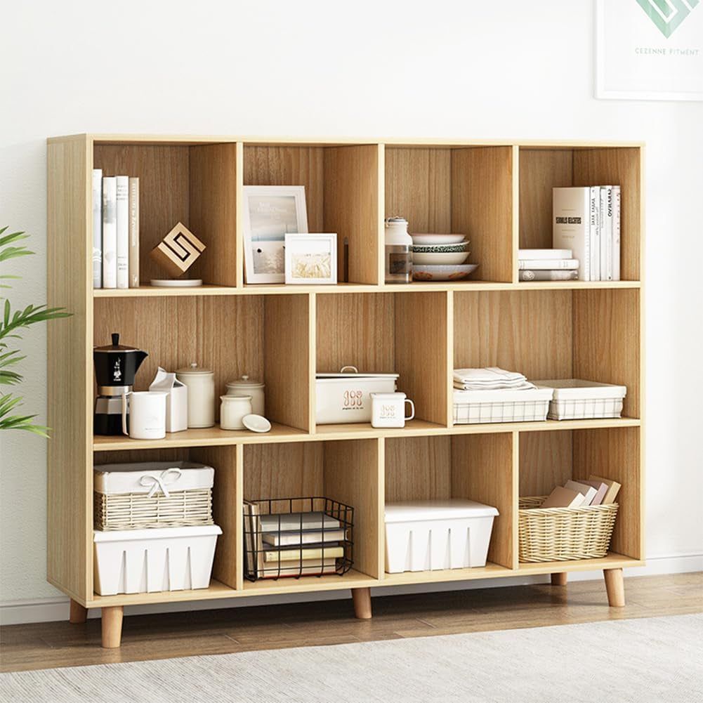 Open Cube Low Bookcase - 3-Tier Freestanding Storage Display Cabinet Organizer with Legs for Home Office, 11-Cubes Open Shelf Short Bookshelf, Oak