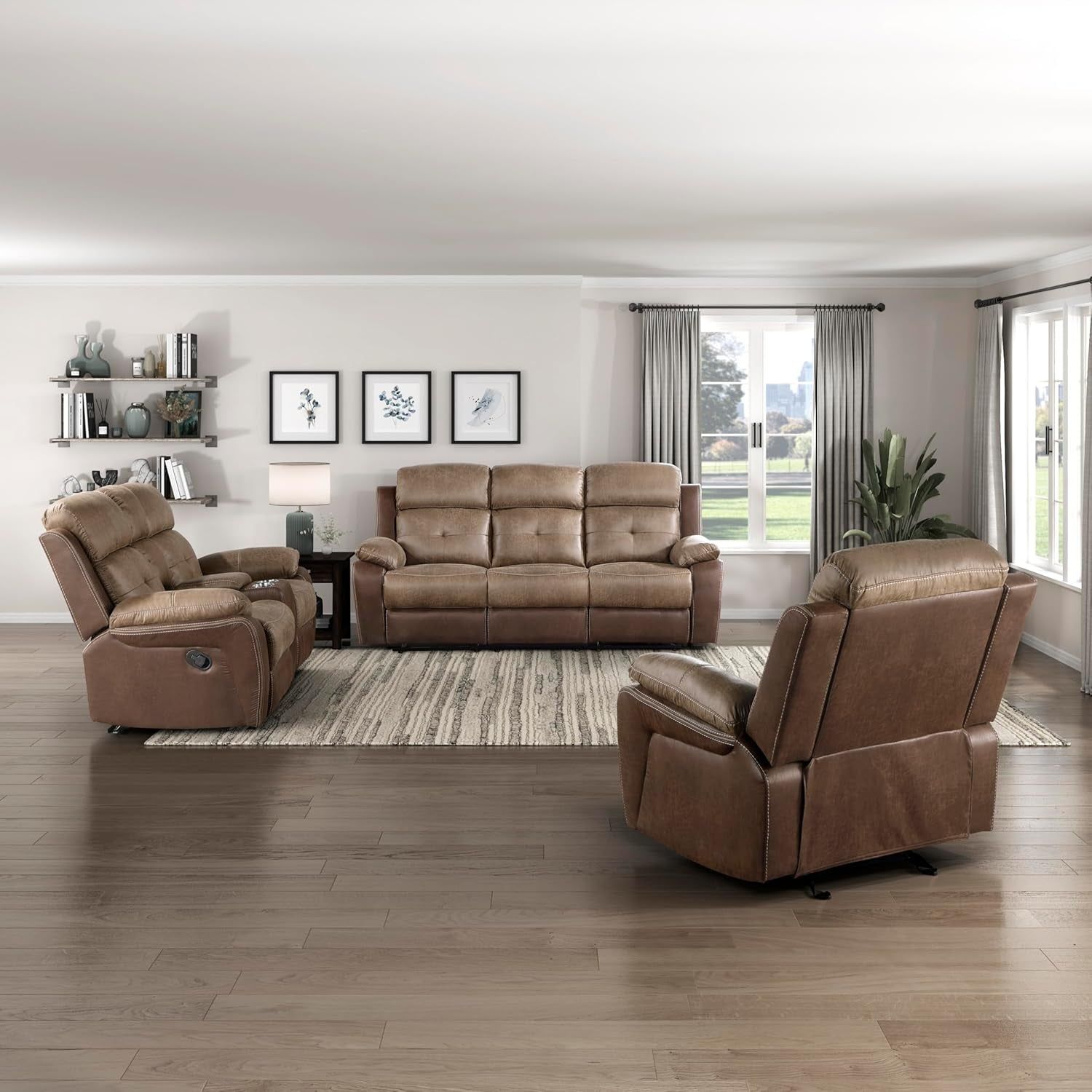 Marianna 3-Piece Reclining Living Room Sofa Set, Brown