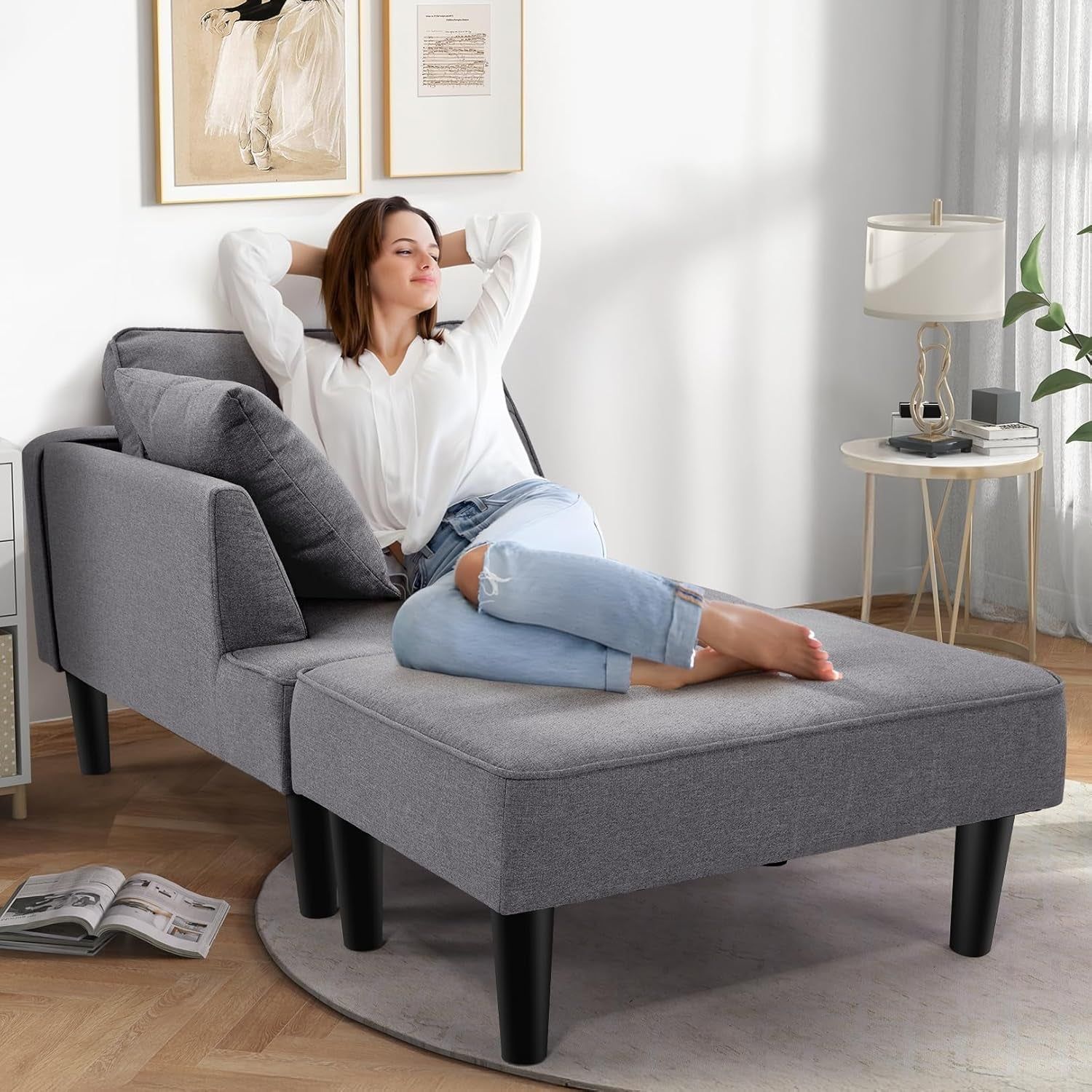Recliner Sofa Bed Modular Sectional Convertible Sofa for Small Space, Flexible Combination Corner Couch with Ottoman, Modern Flax Fabric Loveseat for Apartment Sleeping Room Living Room,Right Armrest