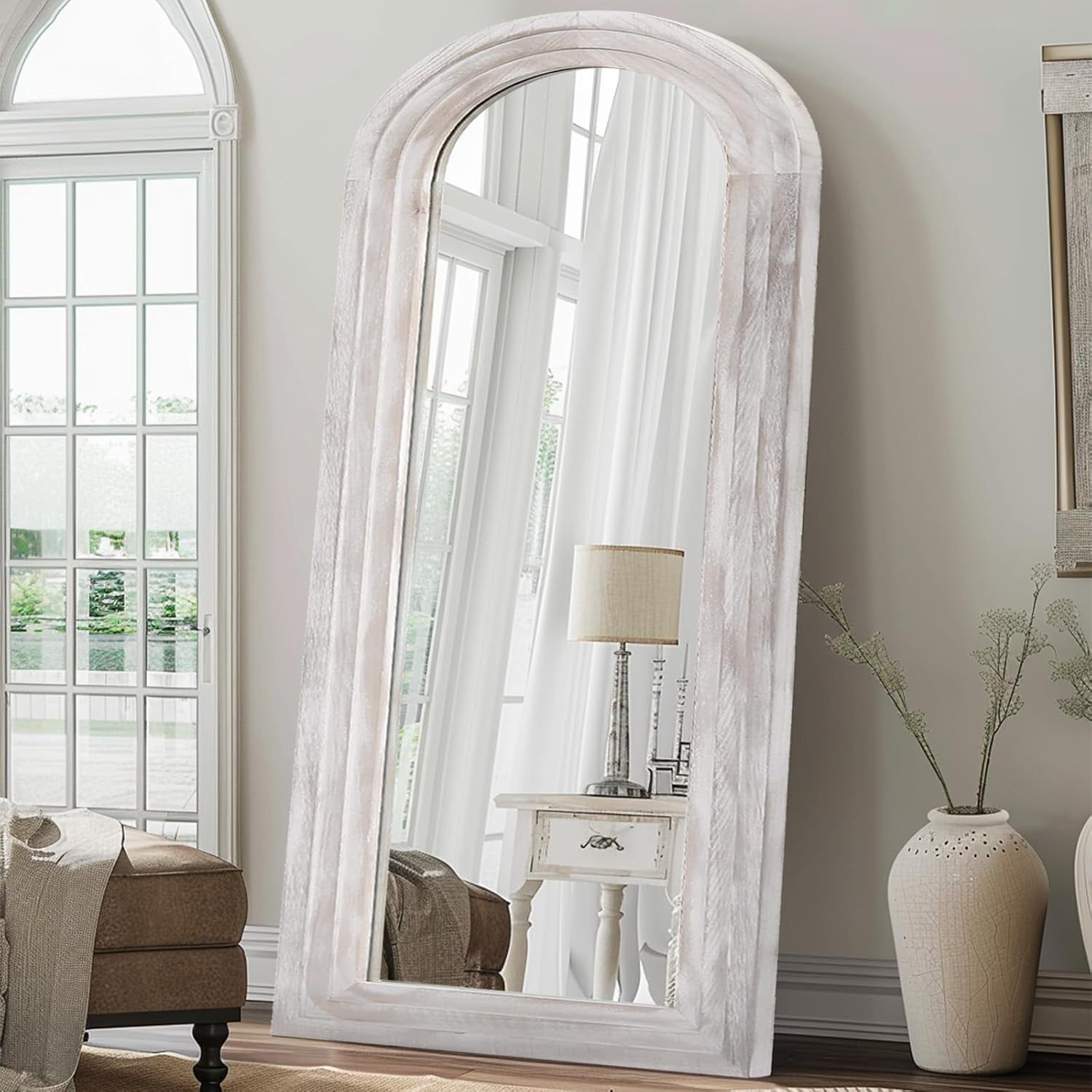 Arched Full Length Mirror with Solid Wood Frame, 71X32 Farmhouse Wall Mirror Full Length with Stand, Vertical Hanging, Leaning Standing for Bedroom, Living Room, Rustic White