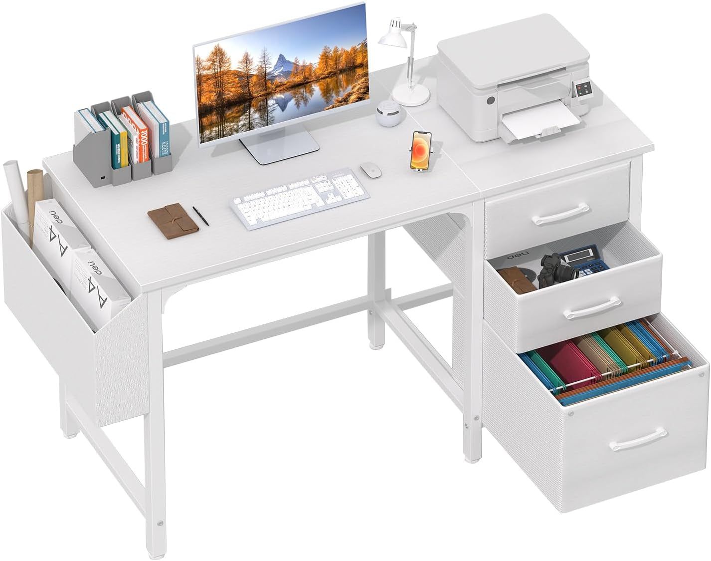 White Computer Desk with Fabric File Drawers Cabinet, 47 Inch Home Office Desks with Filing Cabinet for Small Space, Modern Writing Table PC Desks, White