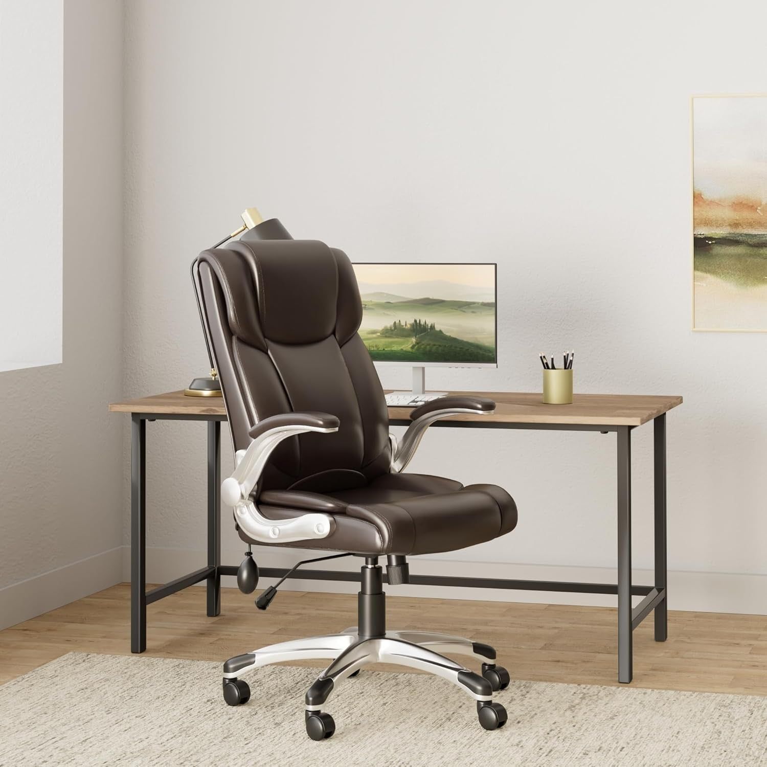 Two Brown Leather Executive Chairs, Adjustable, Rolling