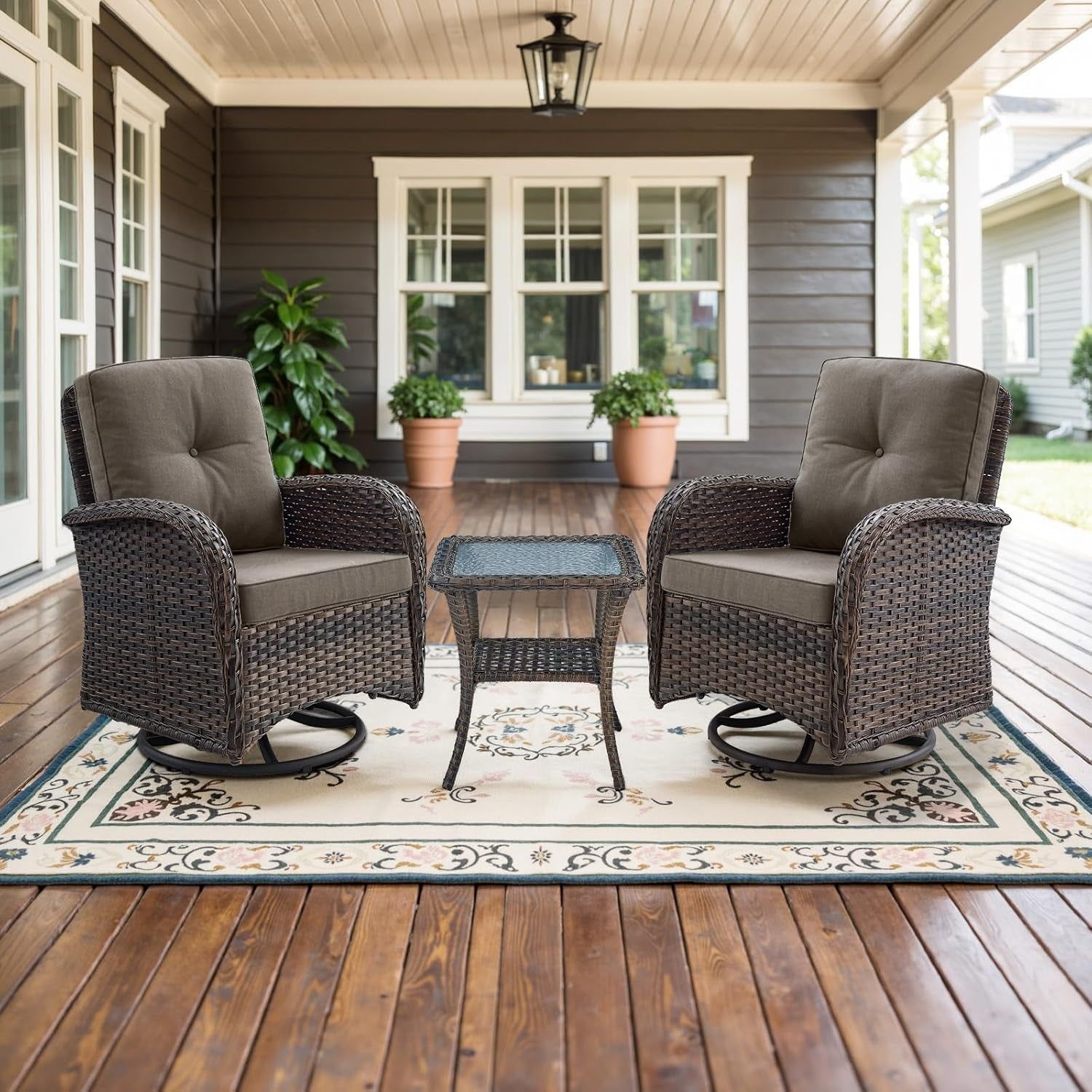 Wicker Swivel Rocker Patio Set: 2 Chairs, Table