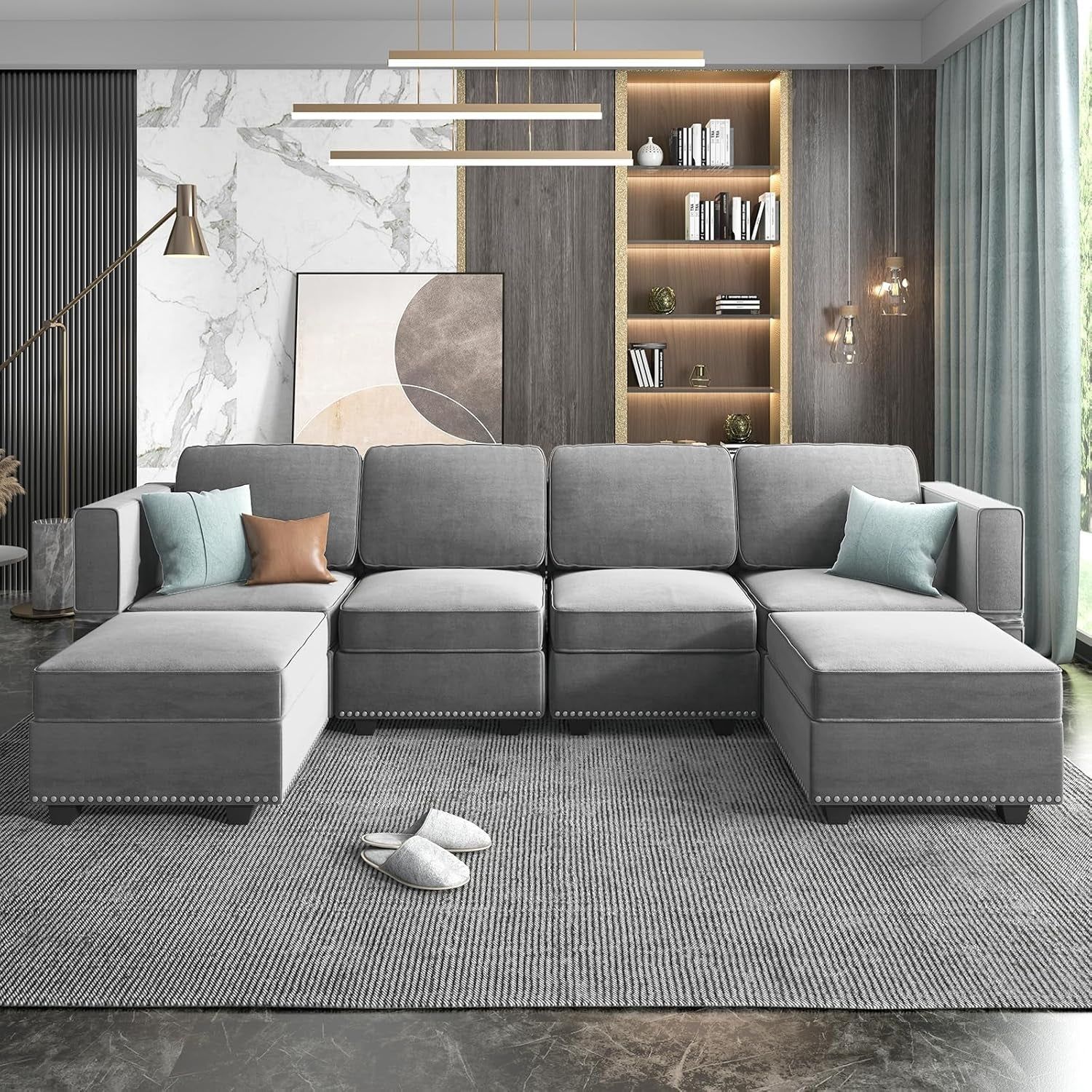 Velvet Modular Sectional Sofa with Adjustable Armrest and Backrest for Living Room，U Shaped Couch 6 Seater Convertible Sectional Couch with Indidual Storage Ottoman -Light Grey