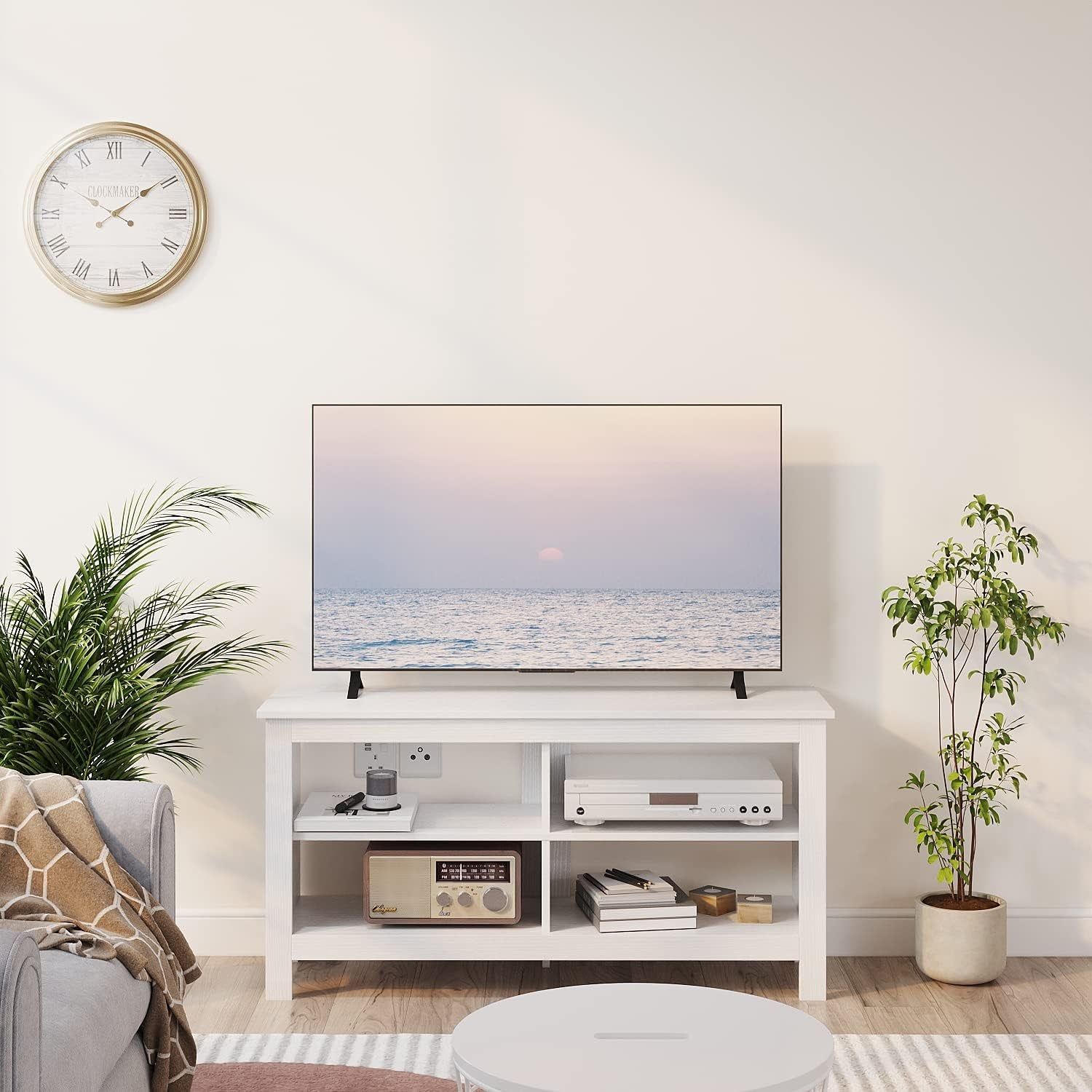 43&quot; White Mid Century TV Stand with Shelves