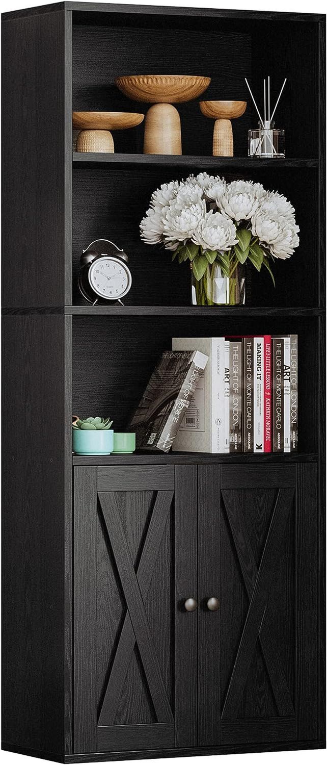 Industrial Bookshelves and Bookcases with Doors 11.8 in Depth Floor Standing 5 Shelf Display Storage Shelves Bookcase Home Decor Furniture for Home, Office, Living Room, Bedroom