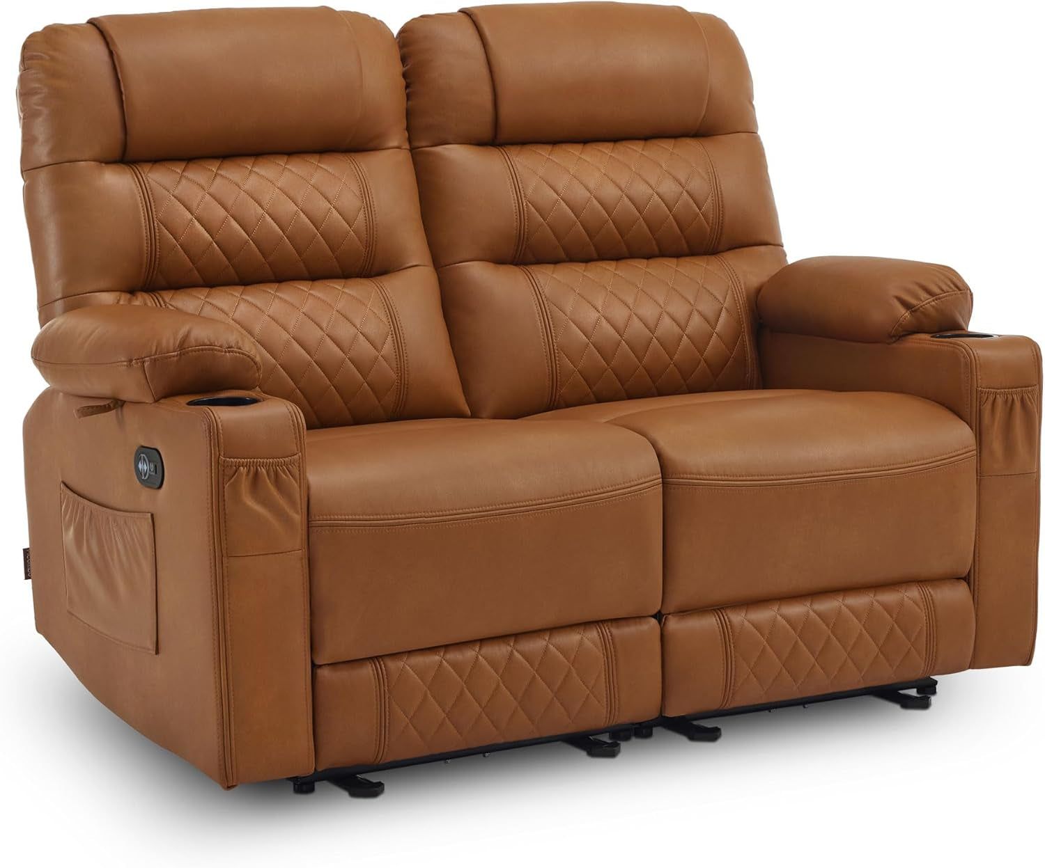 56.3&quot; Power Loveseat Recliner, Electric Reclining Loveseat Sofa with Heat and Vibration, Cup Holders, USB Charge Port, Faux Leather Electric Reclining Sofa Pr622Sets (Saddle, Loveseat)